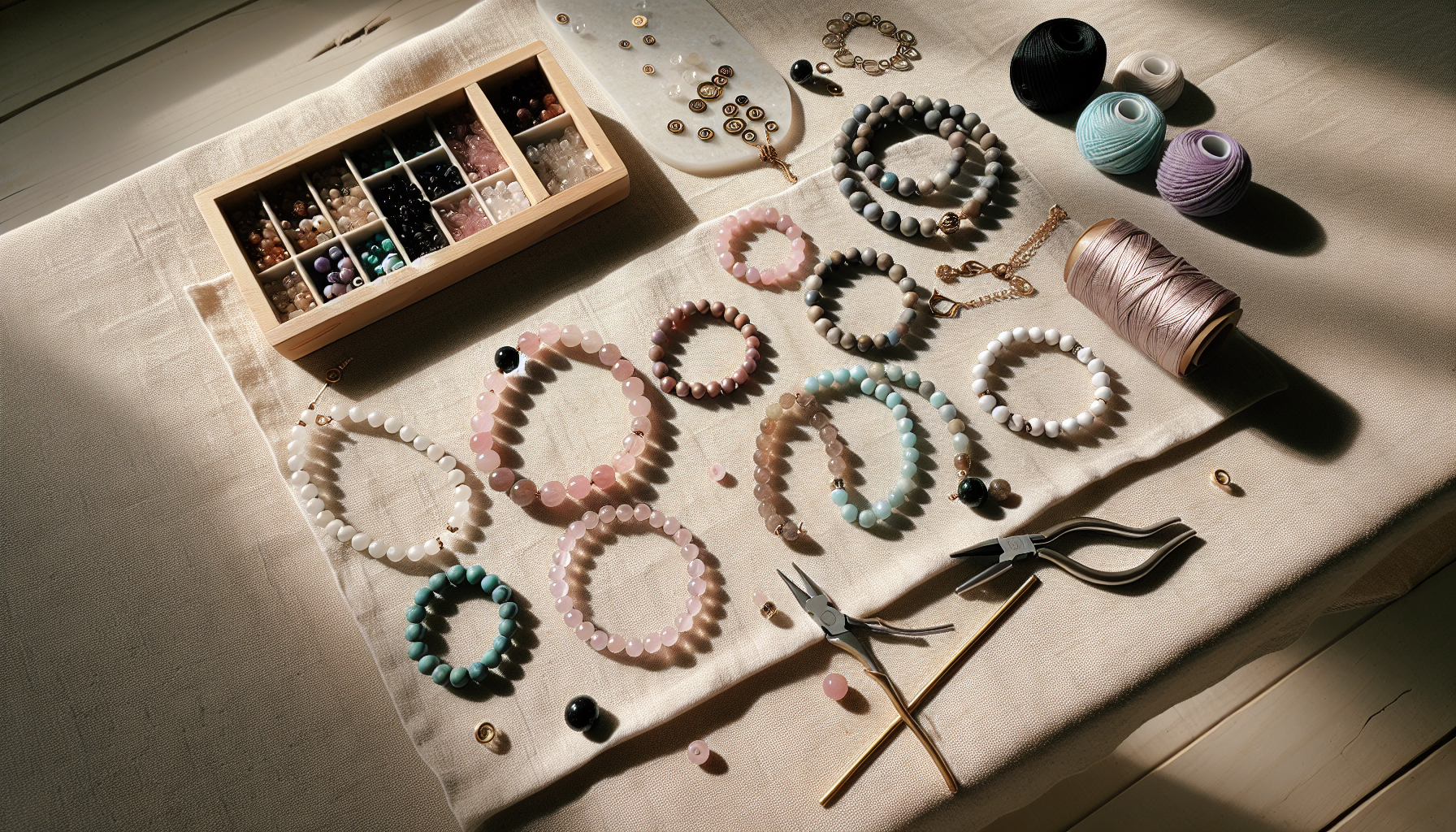 Minimalistiskt smyckesbord med handgjorda mala-armband i lavasten, rosenkvarts, ametist och amazonit, DIY material i mjukt nordiskt ljus