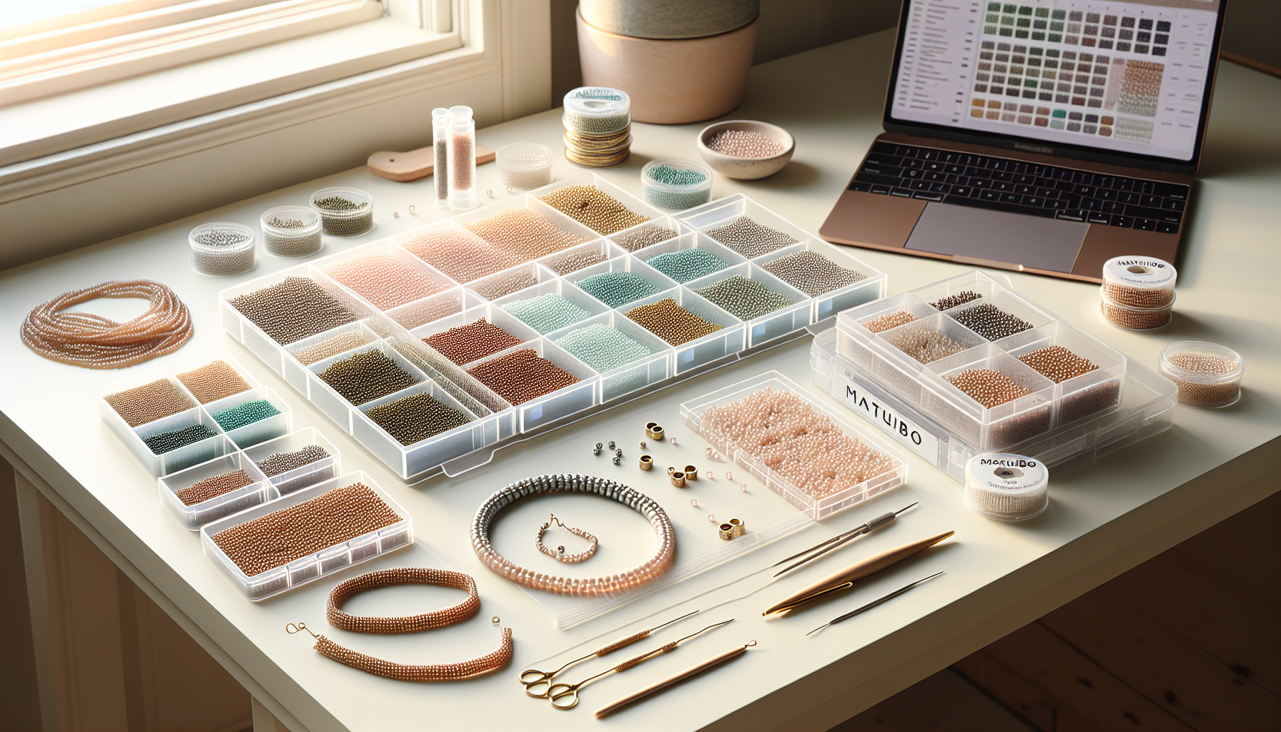 Organiserat pärlbord med Matubo seed beads, halvfärgat armband och smyckesverktyg i skandinavisk, ljus miljö för svensk hantverksblogg