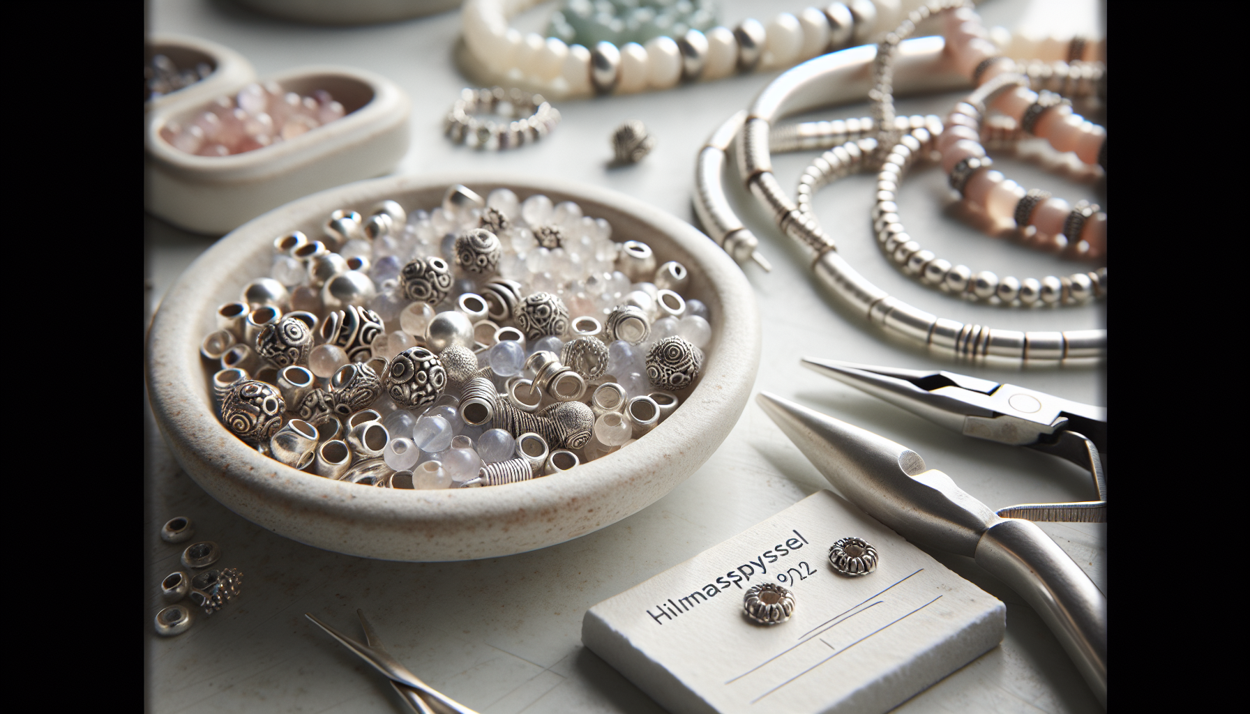 Sterlingsilver mellandelar 925 på vit skål bredvid halvädelstenspärlor och smycken, studiofoto för Hilmaspyssel.se smyckestillverkning