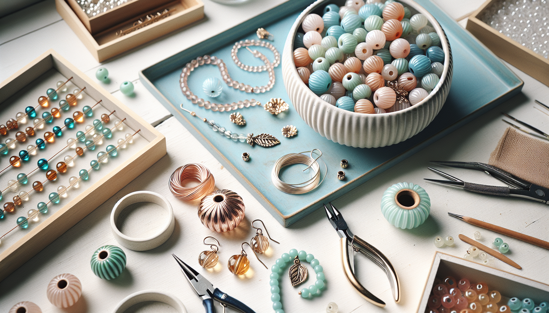 Skandinavisk flatlay med tjeckiska melonkulor, smyckesverktyg och halvfärdiga smycken på ljust bord, branding Hilmaspyssel.se