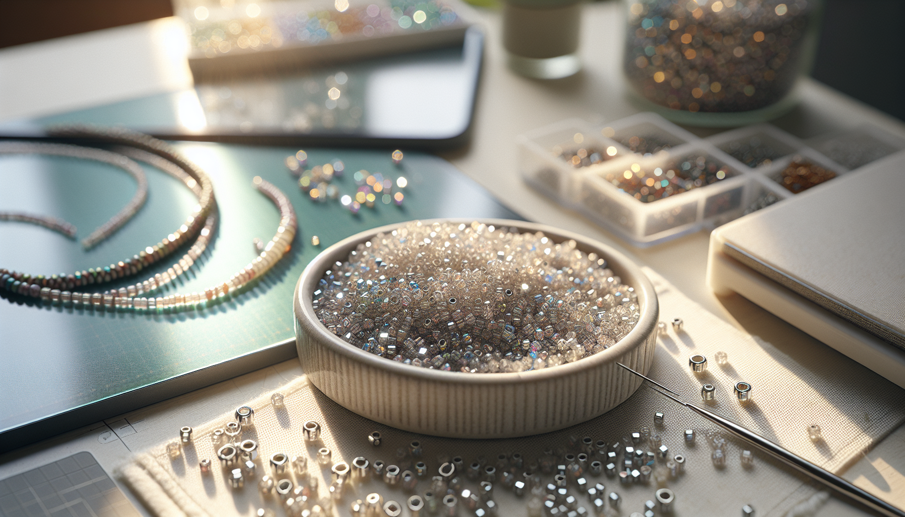 Närbild på Miyuki Seed Beads Hexcut 11/0 i skimrande färger på pärlmattor, smyckesarbetsplats med armband, nål, tråd och laptop i bakgrunden