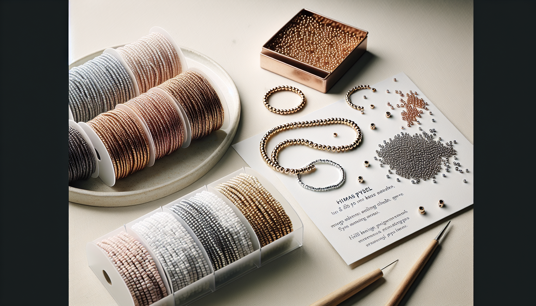 Närbild på Miyuki spacer beads 3x1,3 mm i armband på ljust nordiskt smyckesbord med verktyg och Hilmaspyssel.se-tag.