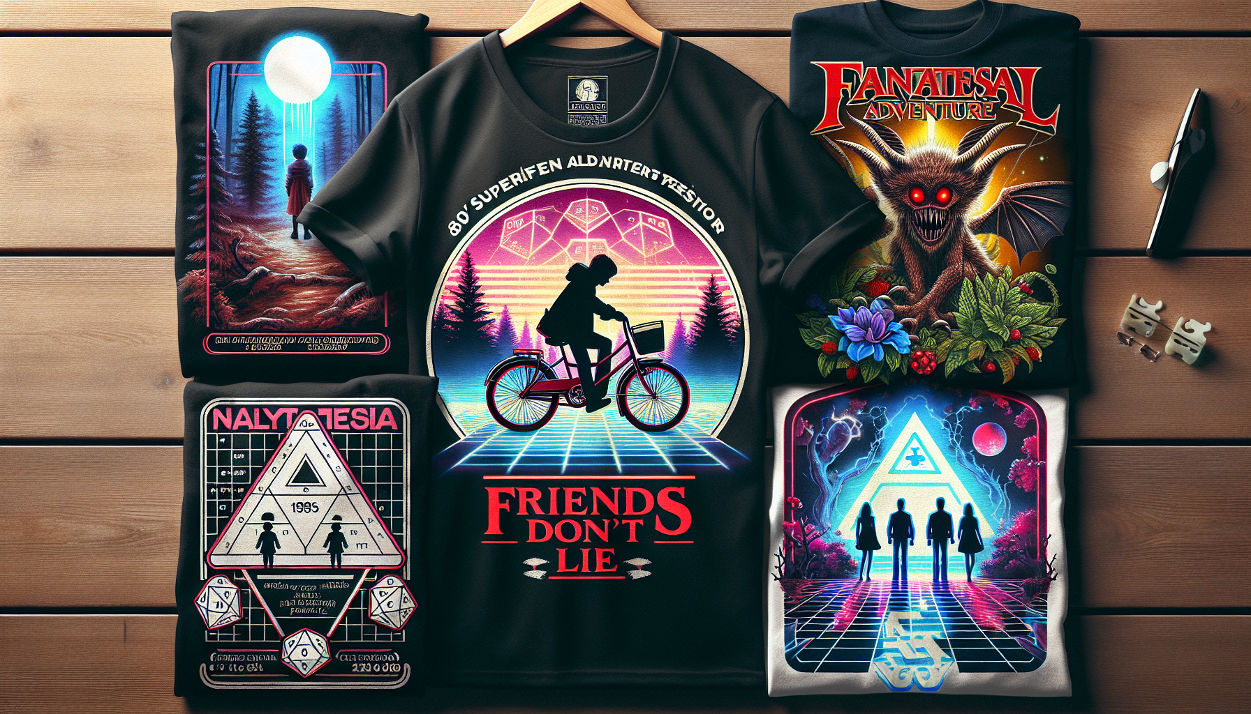 Bannerbild med *Stranger Things*-inspirerade T‑shirts på träbord, svensk e‑handel, retro 80-talsdesign, neonfärger, laptop och kaffekopp i bakgrund