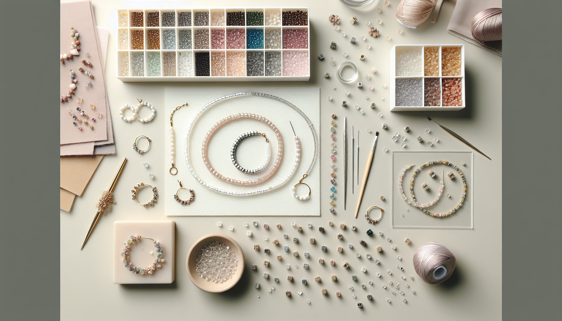 Minimalist flatlay med Miyuki Cube-pärlor, armband och örhängen på ljus bakgrund, skandinaviskt smyckesbord för DIY smyckestillverkning
