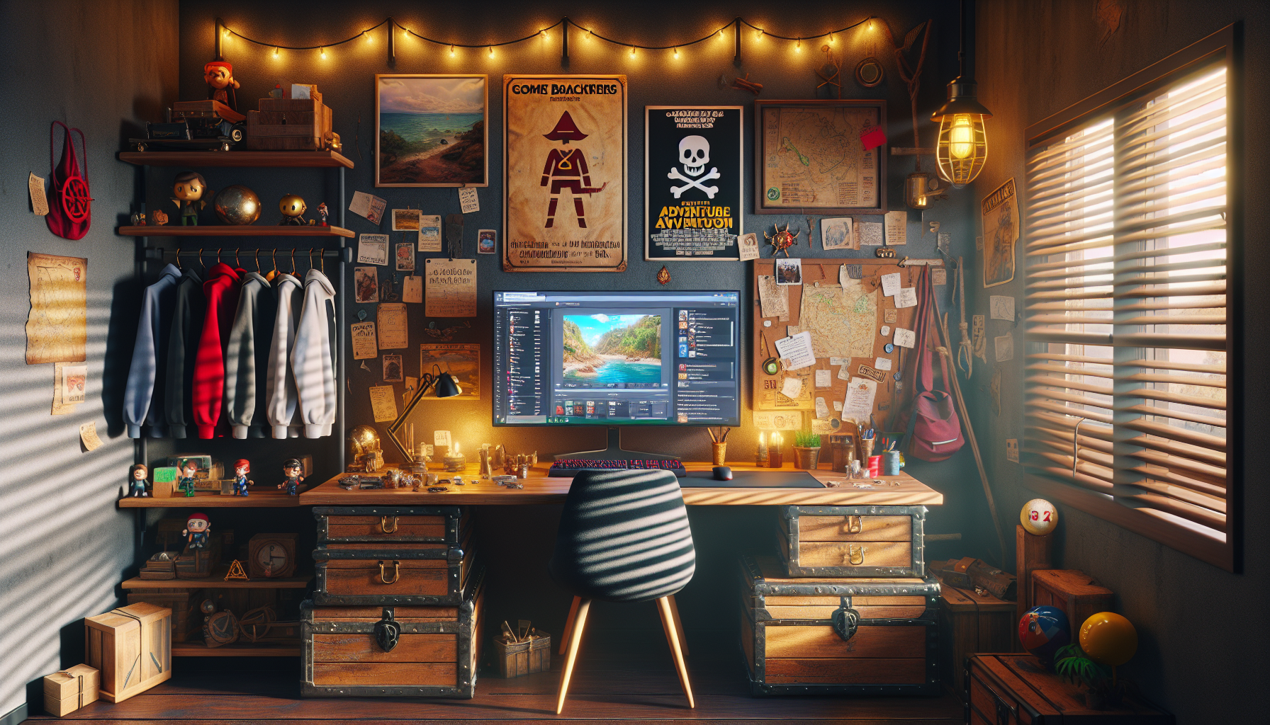 Mysig gamerhörna med piratinspirerade samlarprylar, tröjor och affischer i 80-talsstil för The Goonies–merchandise hos Gamedungeon.se