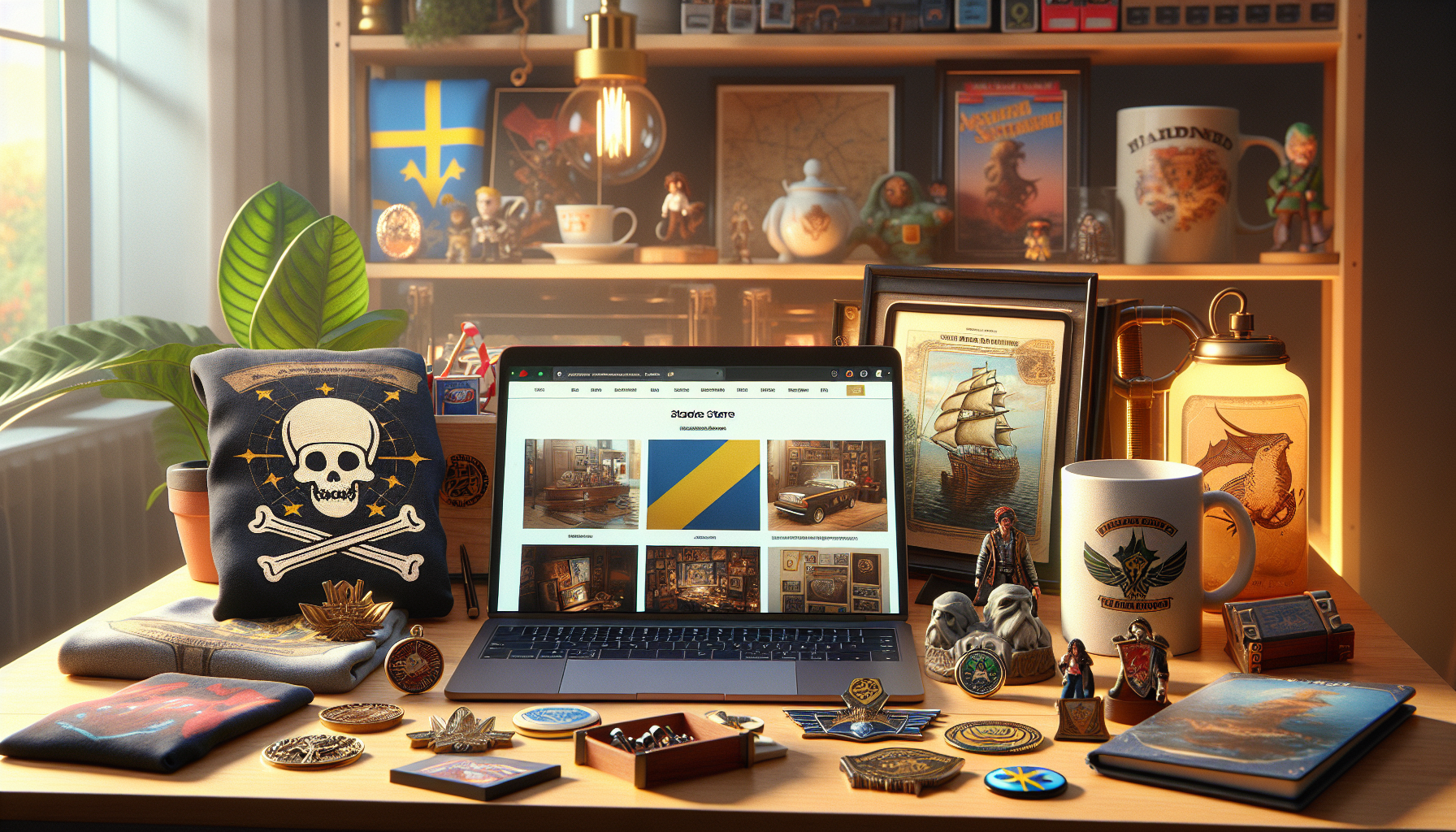 Skrivbord med laptop och retro äventyrsprylar: piratkarta, t‑shirt, mugg och VHS‑liknande samlarobjekt som väcker 80-talsfilmnostalgi.
