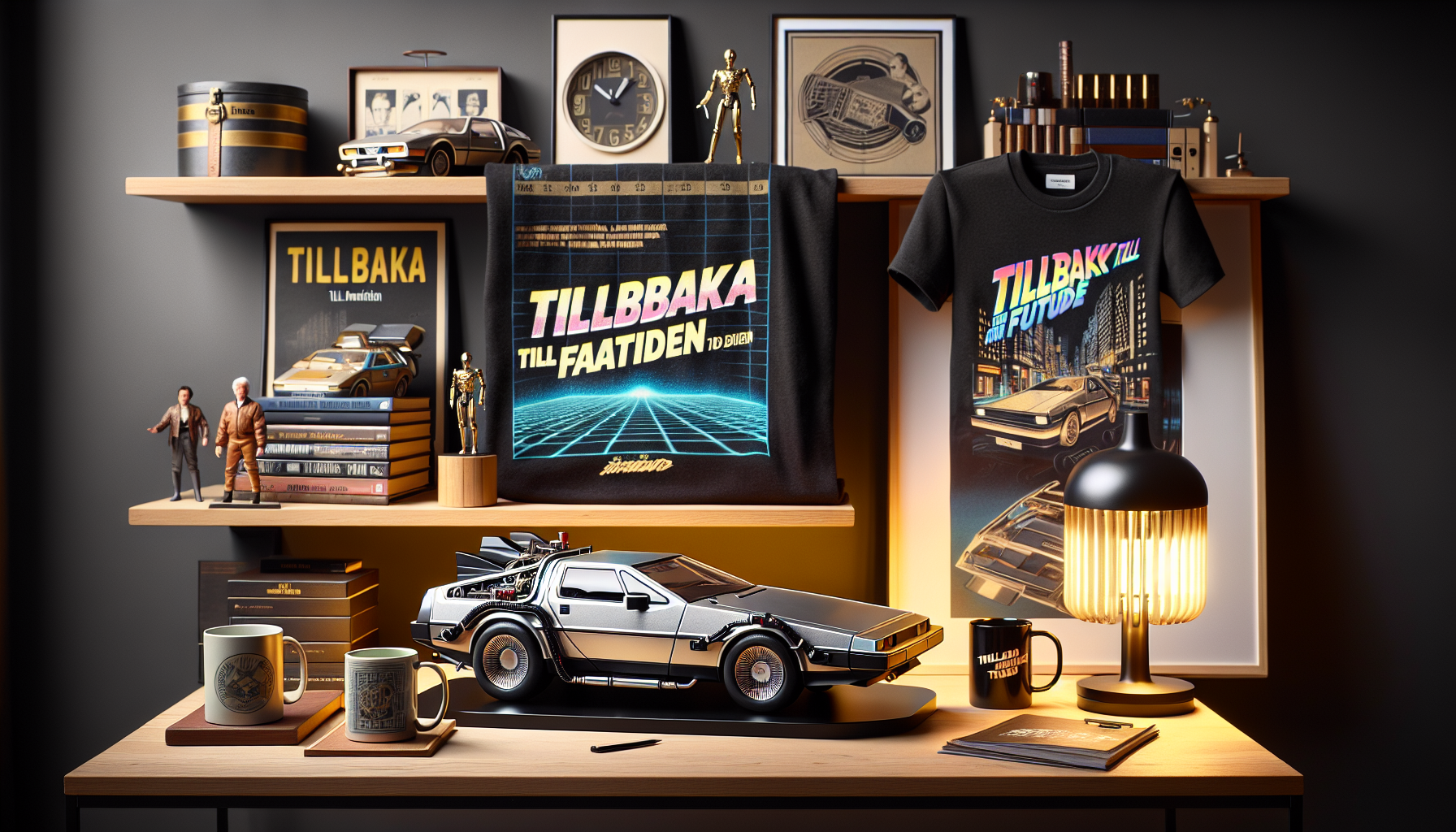 Svenskt vardagsrum med retro DeLorean‑lik tidsresebil, “Tillbaka till framtiden”‑inspirerade t‑shirts, samlarprylar och 80‑tals neoninredning