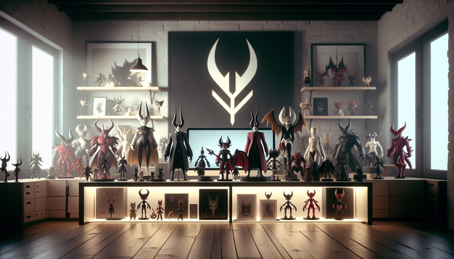 Skrivbord med demonfigurer i mörk fantasy‑stil, samlarhylla och svensk inredning, bloggbild om att välja och samla animationsfigurer