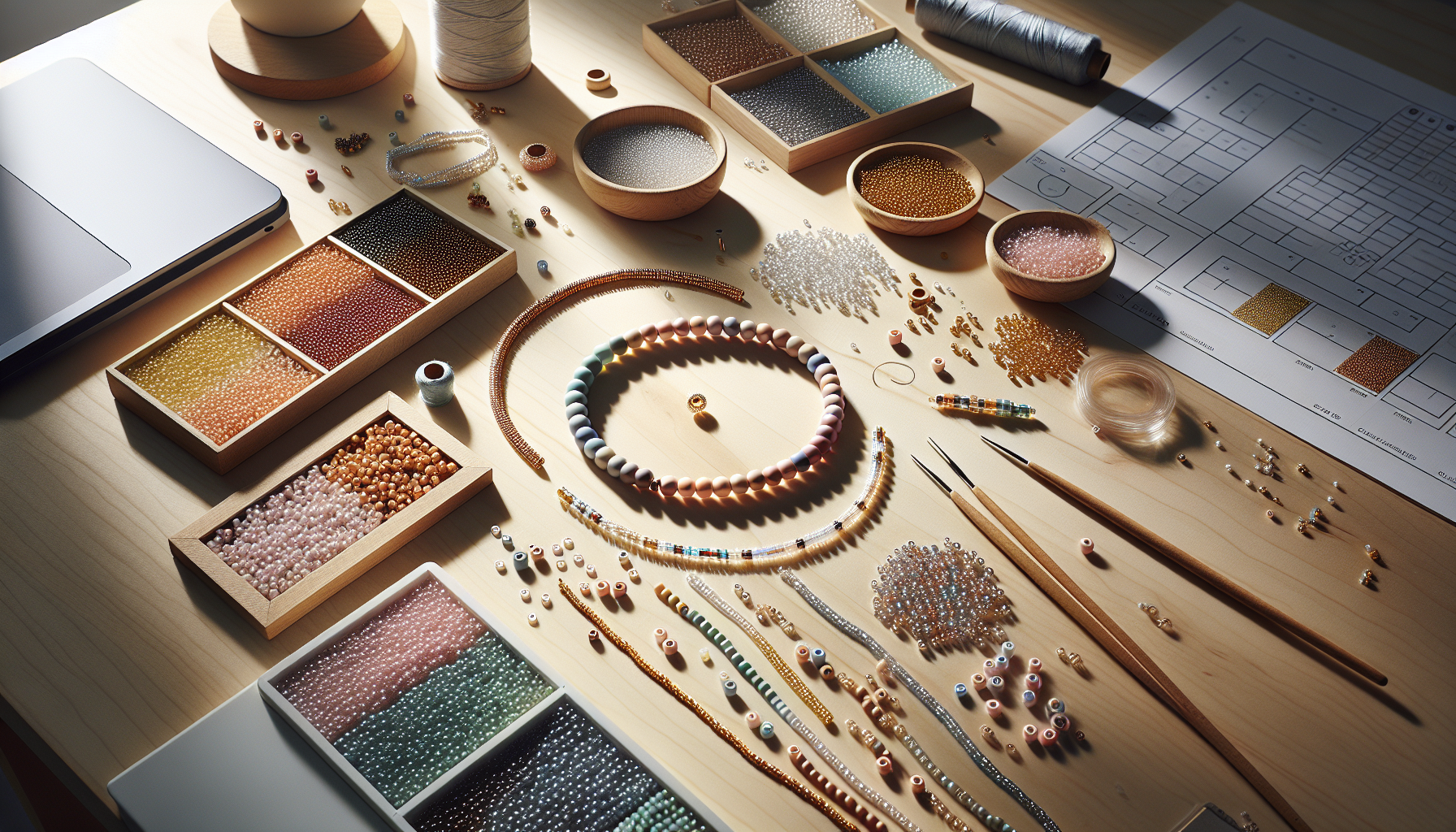 Skandinaviskt flatlay med TOHO Demi Round 8/0 seed beads, armband under arbete, nål, tråd och laptop från svensk pärlbutik online