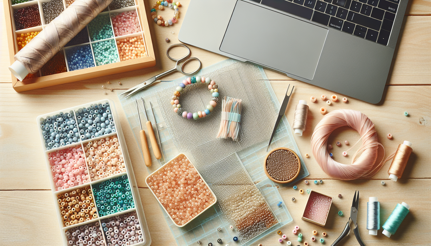 Skandinaviskt flatlay med TOHO 6/0 seed beads, armband påbörjat, verktyg och laptopkant på ljust träbord för enkel smyckestillverkning.