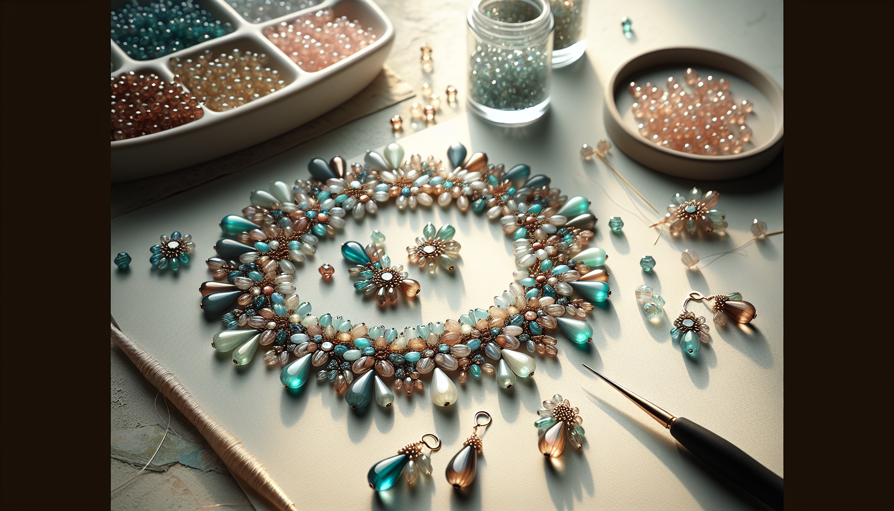 Närbild på handgjort armband och örhängen med Preciosa Pip-pärlor i turkos, roséguld och brons, styling för Hilmaspyssel.se på ljus bakgrund