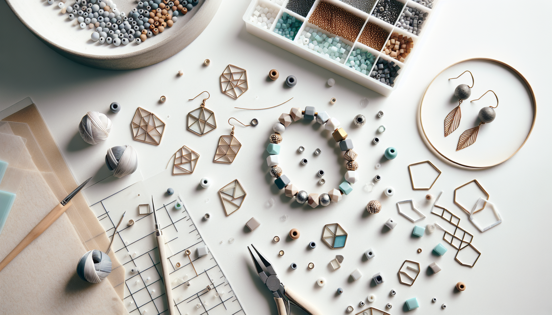 Minimalist flatlay med påbörjat armband och örhängen i Paros® Par Puca® 2‑håls glaspärlor från Hilmaspyssel.se på ljust kreativt smyckesbord.