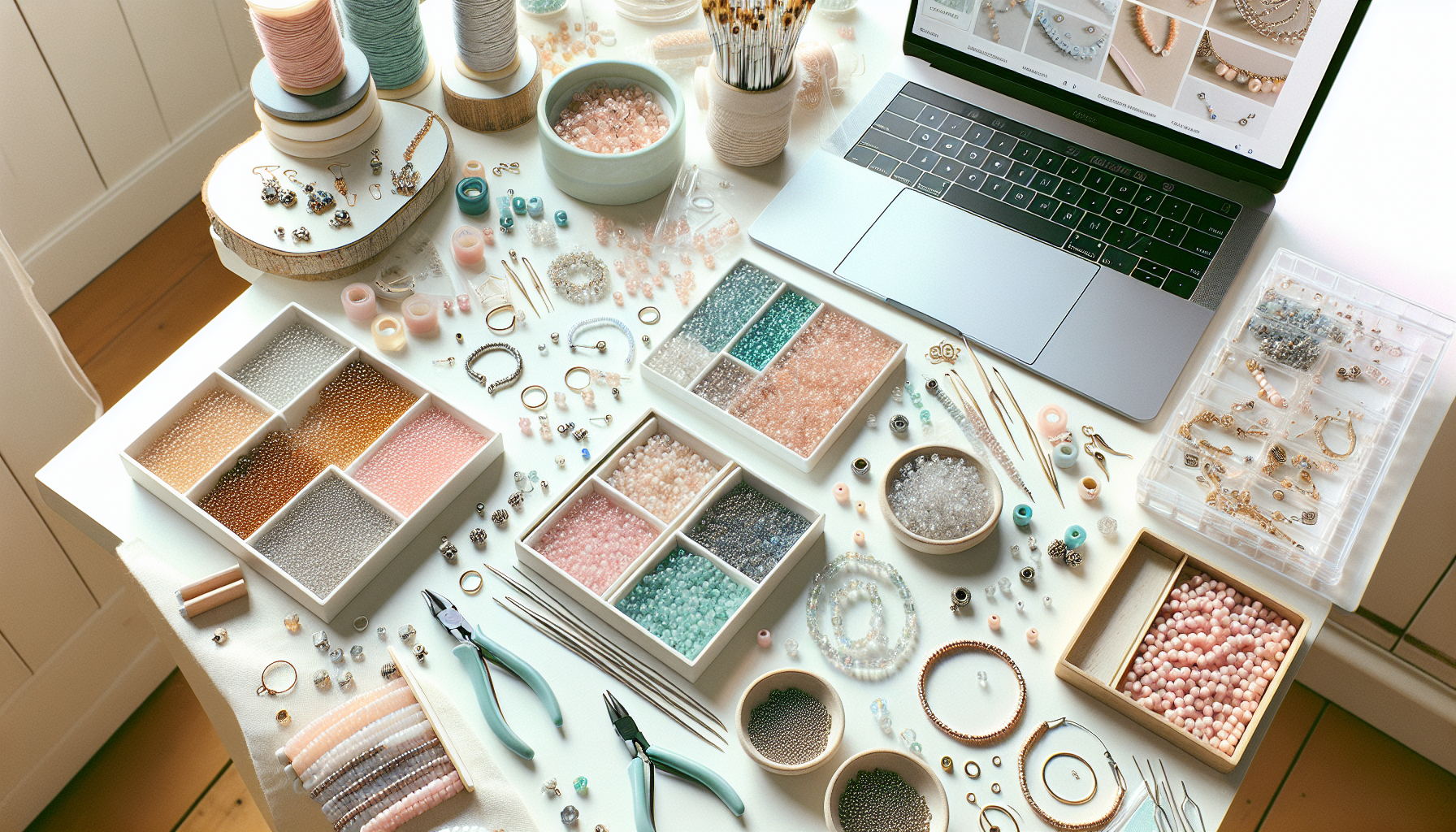 Skandinaviskt DIY-smyckesbord med Druks True2-glaspärlor, armband, örhängen, smyckesverktyg och laptop med svenskt pysselwebbshop i bakgrunden