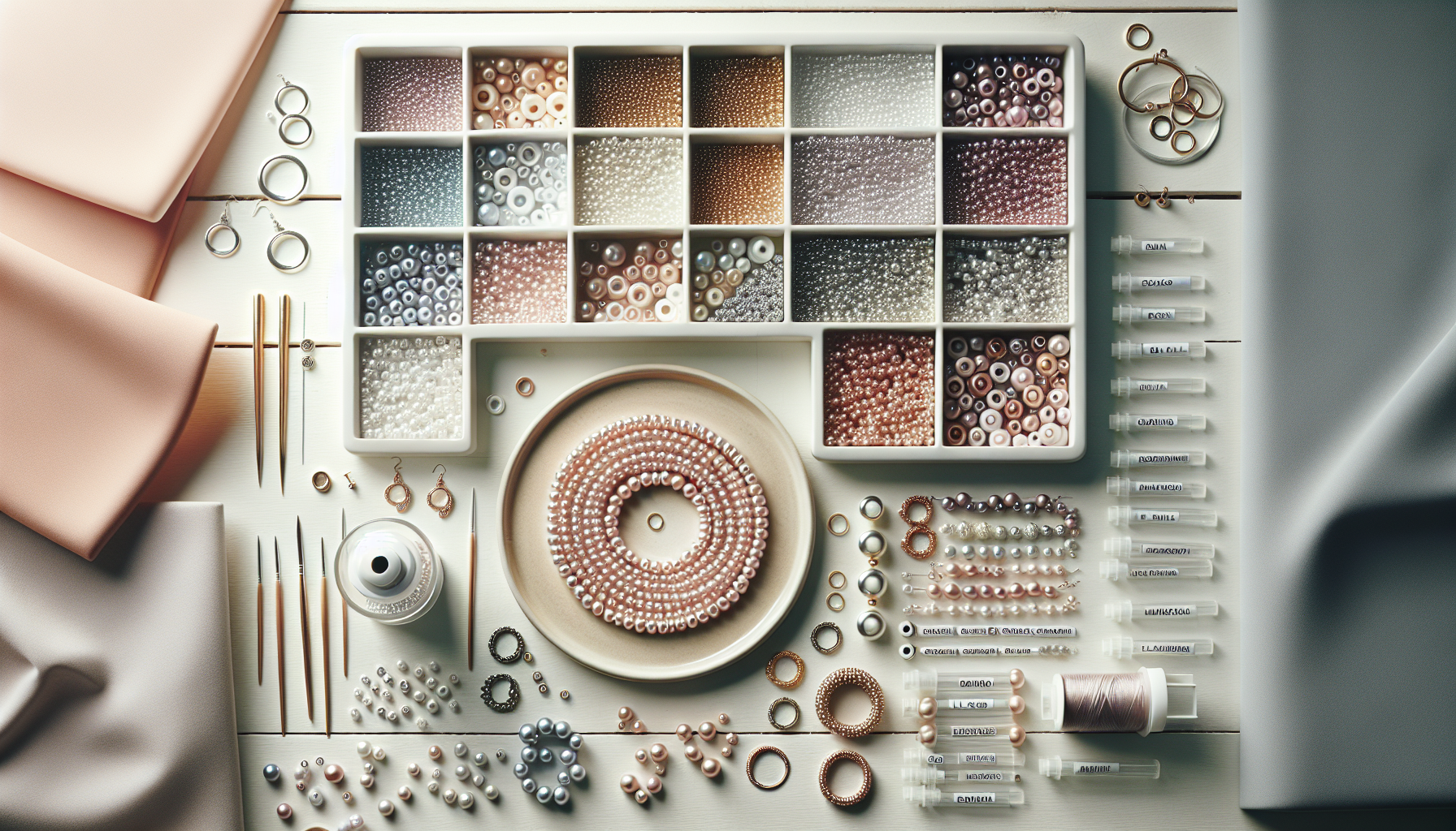 Minimalist smyckesverkstad med tjeckiska O Beads-pärlor i pastell, armband och örhängen på vit träyta, organiserade rör märkta “rosa”, “silver”