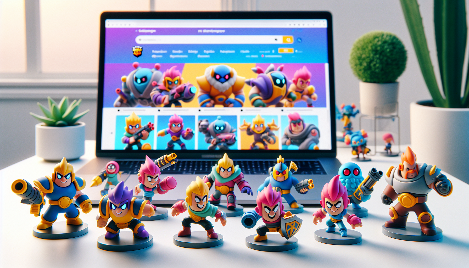 Färgglada Brawl Stars-inspirerade actionfigurer på vit bordsyta framför laptop med svensk nörd- och spelbutik, e-handel leksaker online.