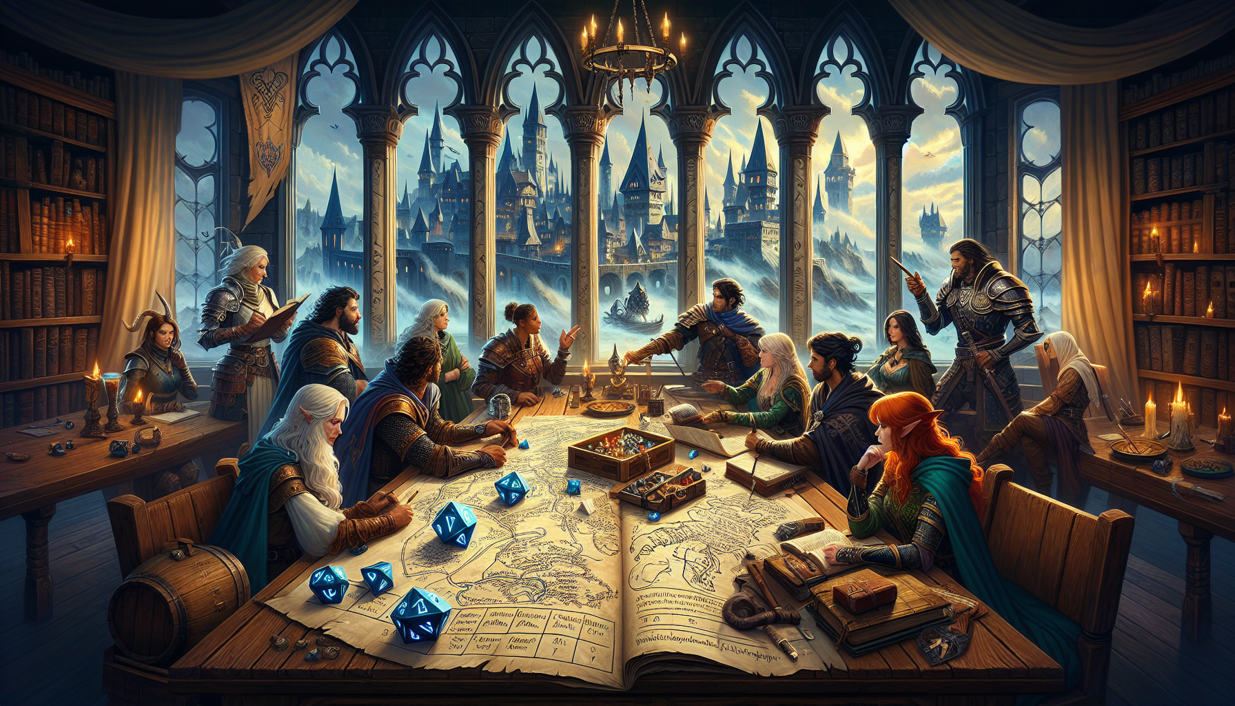 Cinematisk fantasyillustration med äventyrare vid värdshusbord som planerar MMO-äventyr med karta, tärningar och svensk rollspelsdagbok.
