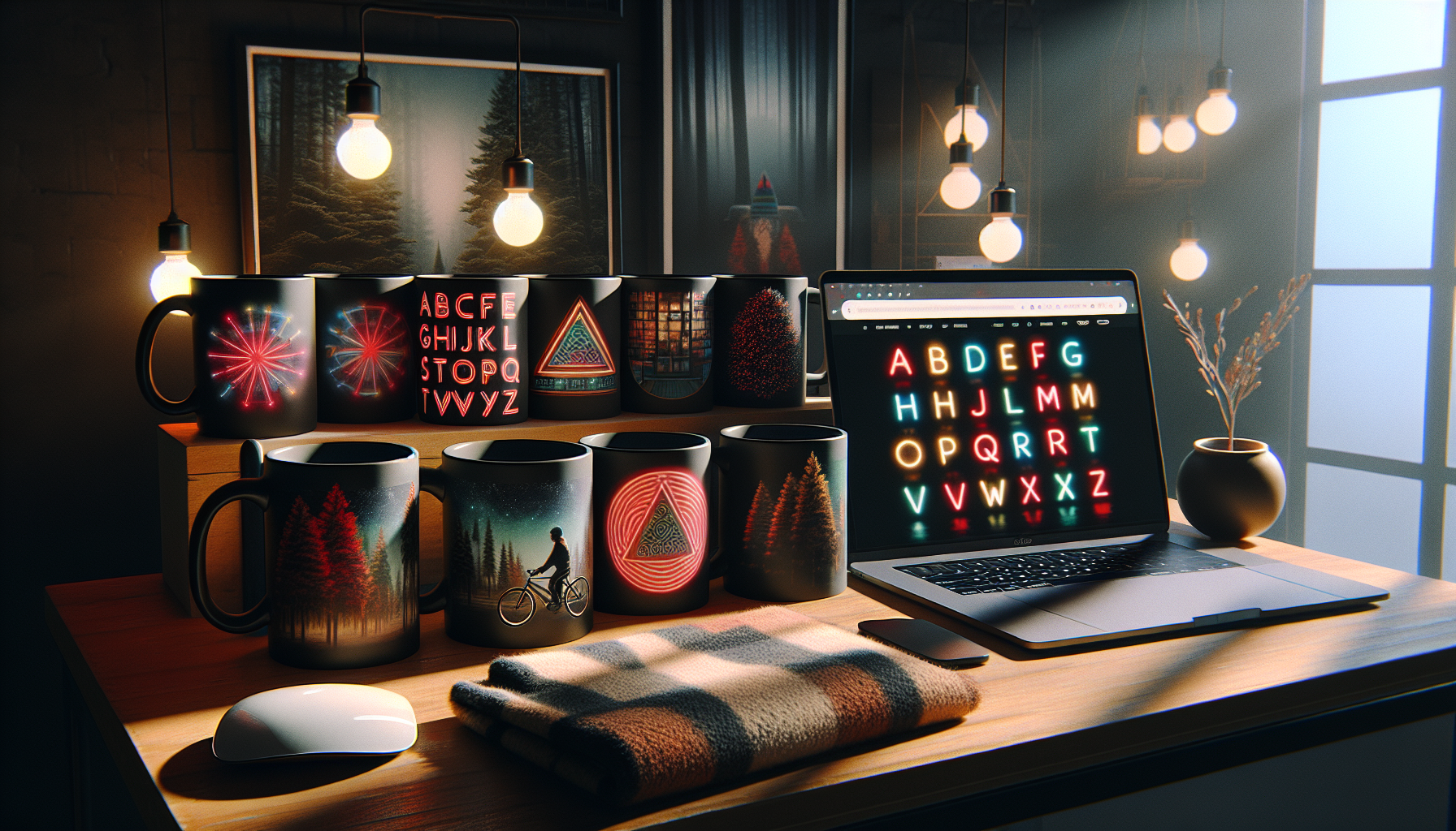 Stilren produktbild med 80-talsinspirerade kaffemuggar, retro skräck- och mysterietema, på mysigt skrivbord bredvid laptop och filt