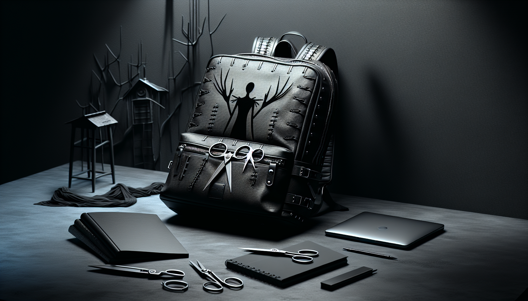 Svart gotisk Edward Scissorhands‑inspirerad ryggsäck med saxdragkedjor, laptop och hörlurar på mörkt bord, produktfoto för nördshop online