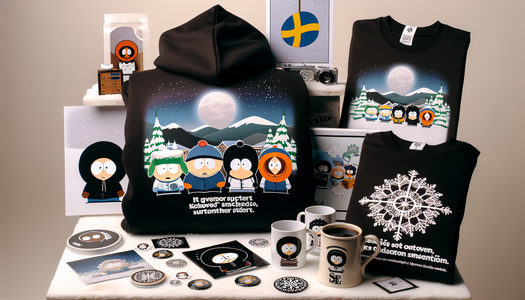 Flatlay med South Park‑inspirerade merch: svart hoodie, nördig T‑shirt, vinylfigur, mugg, klistermärken och pins för svenska fans
