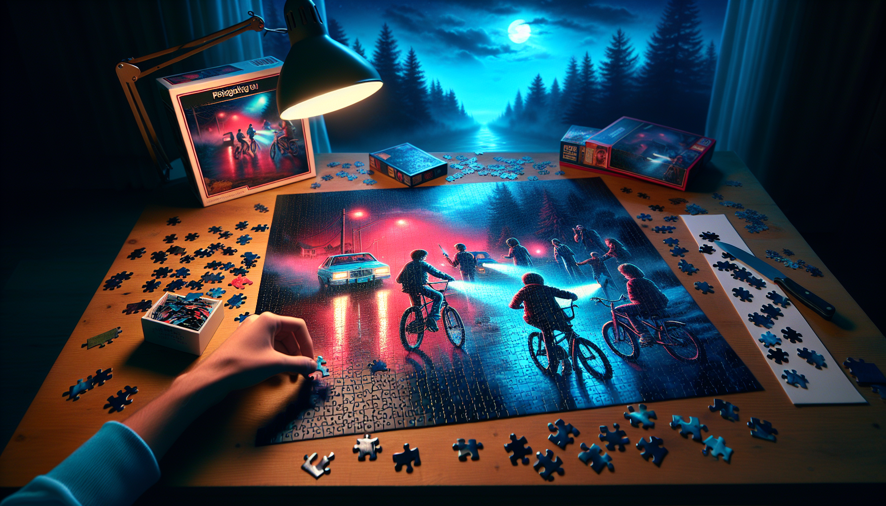 Cinematic image of Stranger Things-inspired puzzle on a wooden table, a hand placing a piece, cozy evening atmosphere for a blog about safe purchases of 80s motifs online