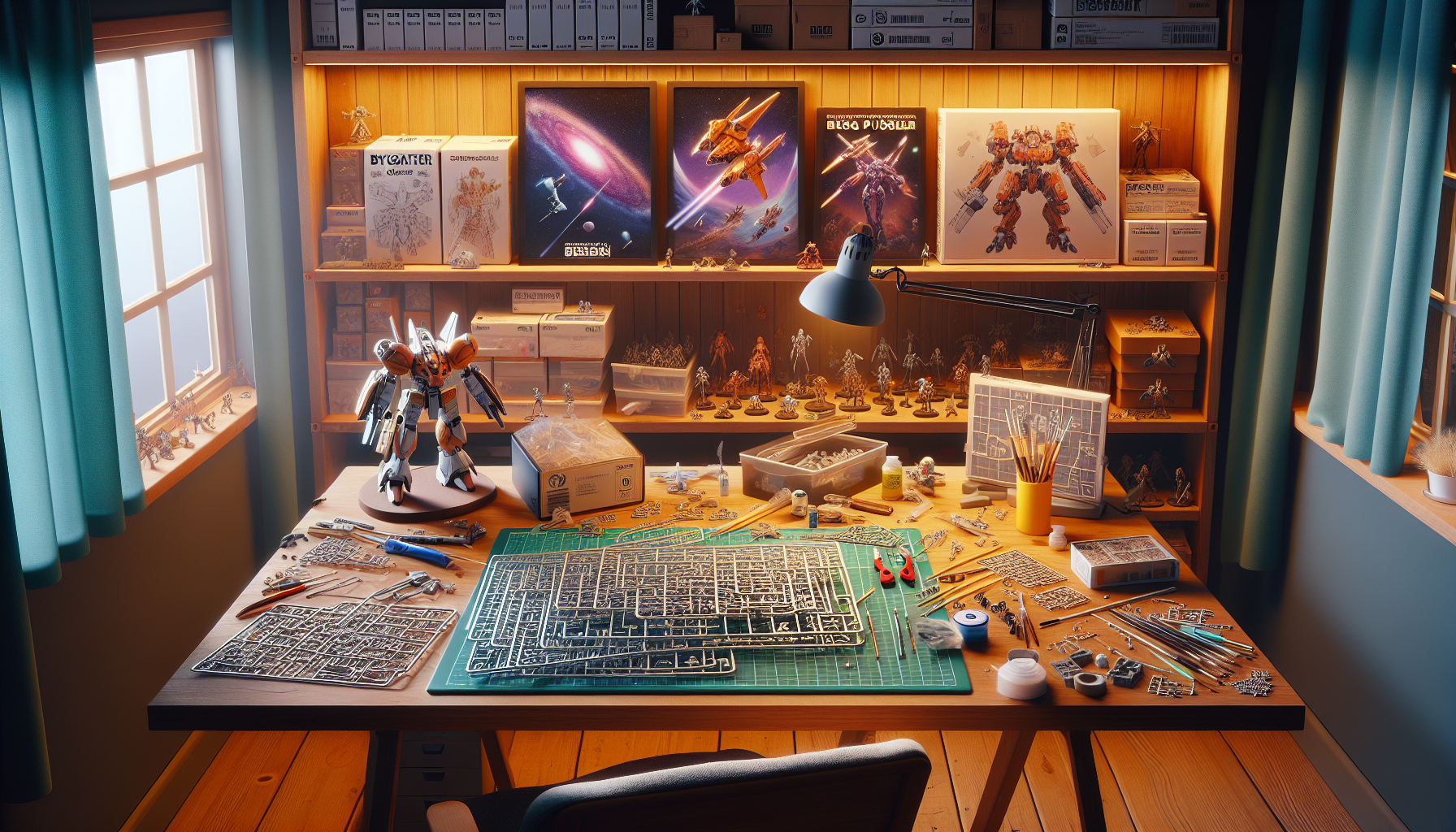Nördigt hobbyskrivbord med sci-fi byggsats, färgglada pussel och hyllor med ”Byggsatser & Pussel” från Nerdbutiken.se i varm belysning