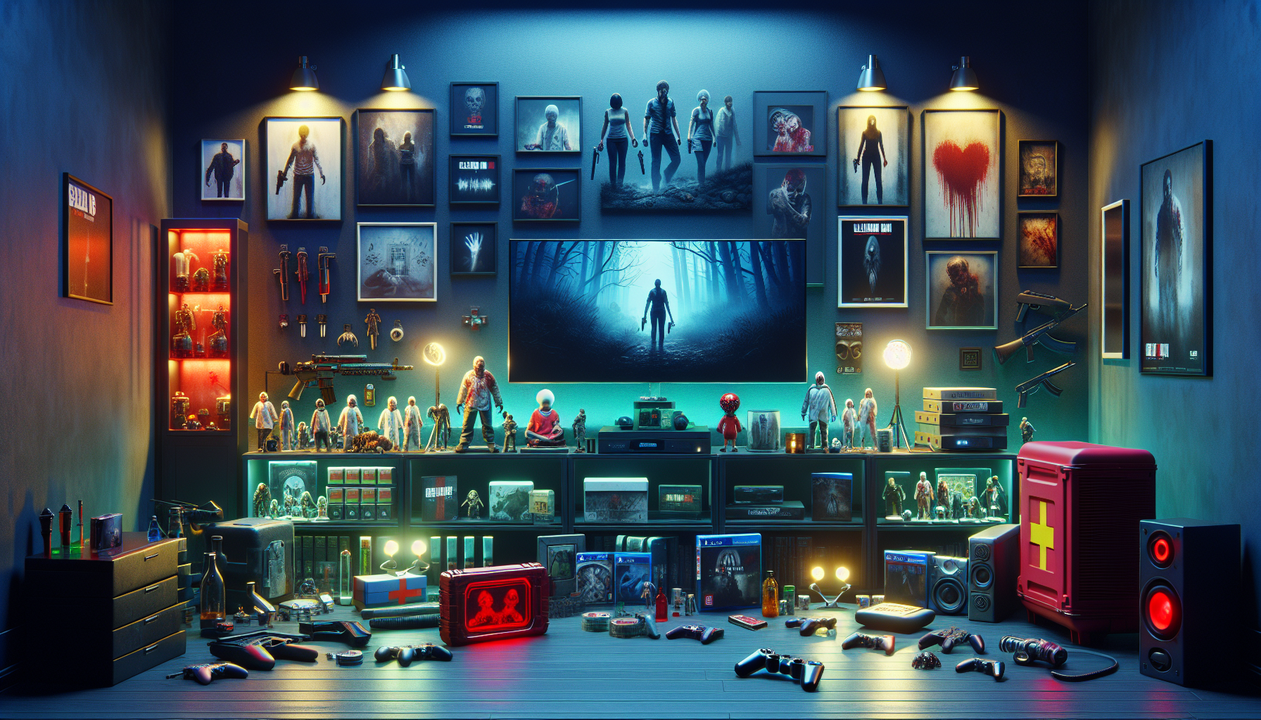 Banderoll: stilrent gamingrum med skräcksamlarprylar inspirerade av Resident Evil från svensk butik online, blått ljus och svenska färger.
