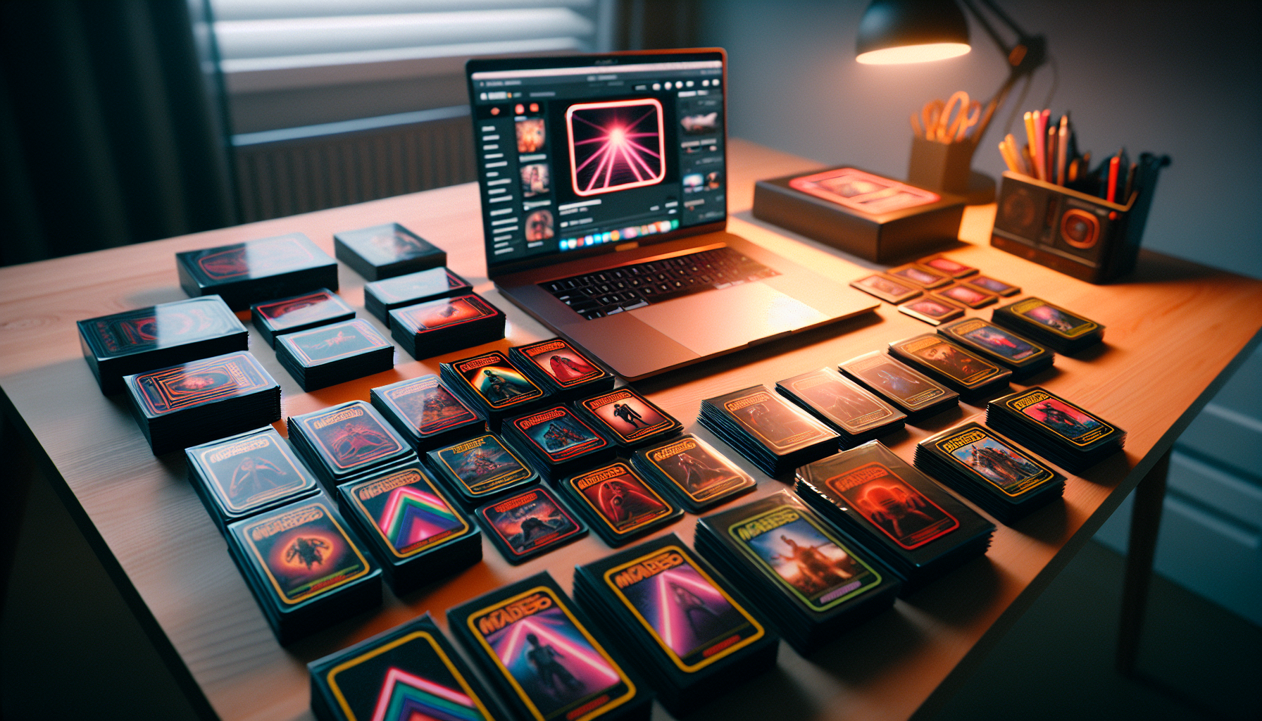 Stranger Things-inspirerade samlarkort på träskrivbord med sleeves och pärm, laptop med svensk nördbutik i bakgrunden, mysig belysning