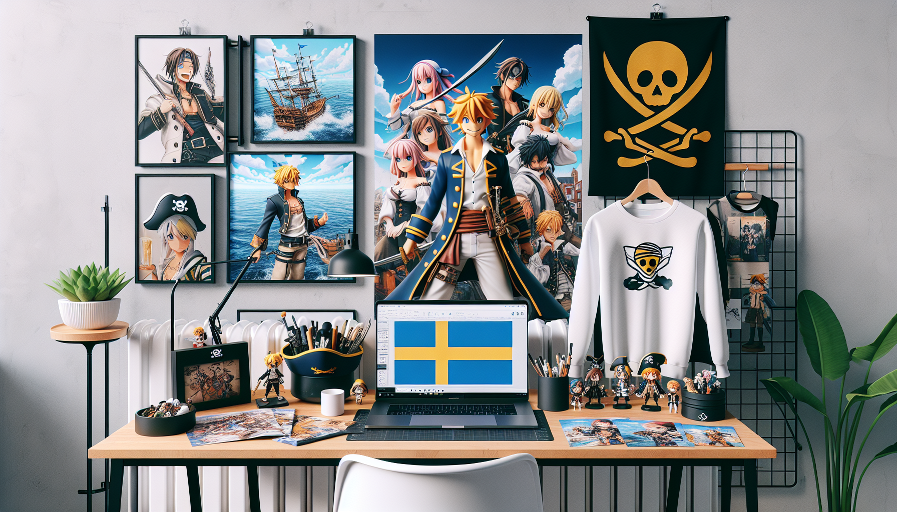 Snygg One Piece‑inspirerad samlarhörna med animepirat‑figurer, T‑shirts och posters på skrivbord i nordisk lägenhet, e‑handel i svensk webbshop