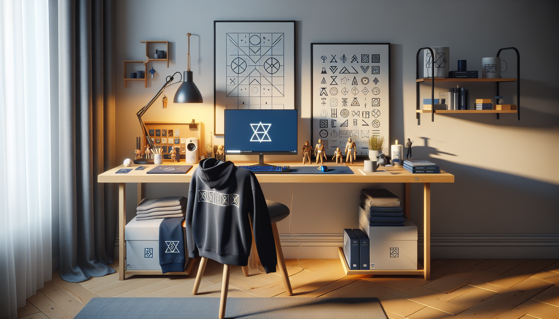 Mysig svensk gaminghörna med stilrena PlayStation-inspirerade prylar, blått skrivbordsljus, kläder och muggar i skandinavisk inredning