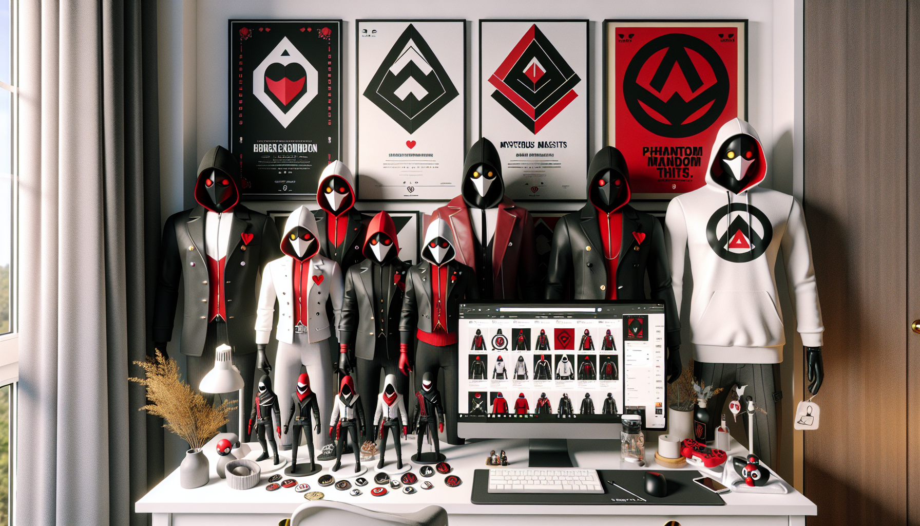 Stilren skrivbordshörna med Persona‑inspirerade samlarprylar, kläder och pins i rött och svart bredvid skärm med svensk gaming‑webshop