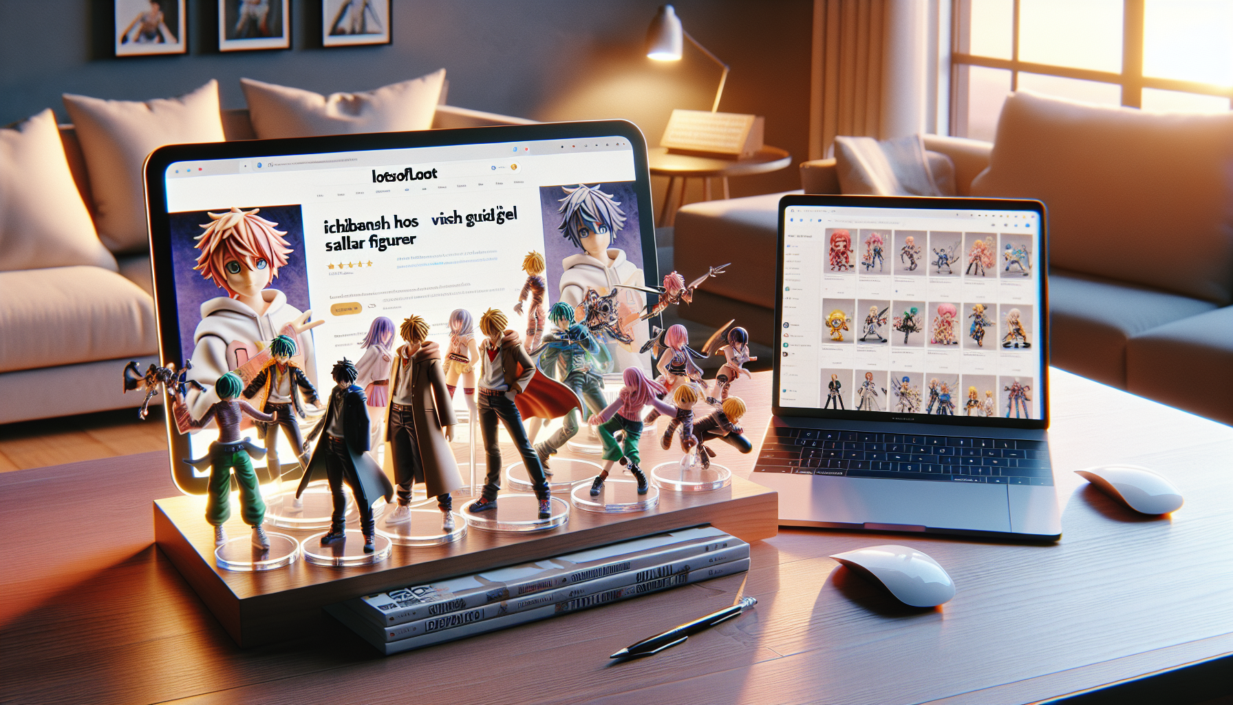 Fotorealistisk skrivbordsbild med Ichibansho‑liknande animefigurer, Lotsofloot.se på laptopskärm och äkthetsmärke för säkra samlarköp online