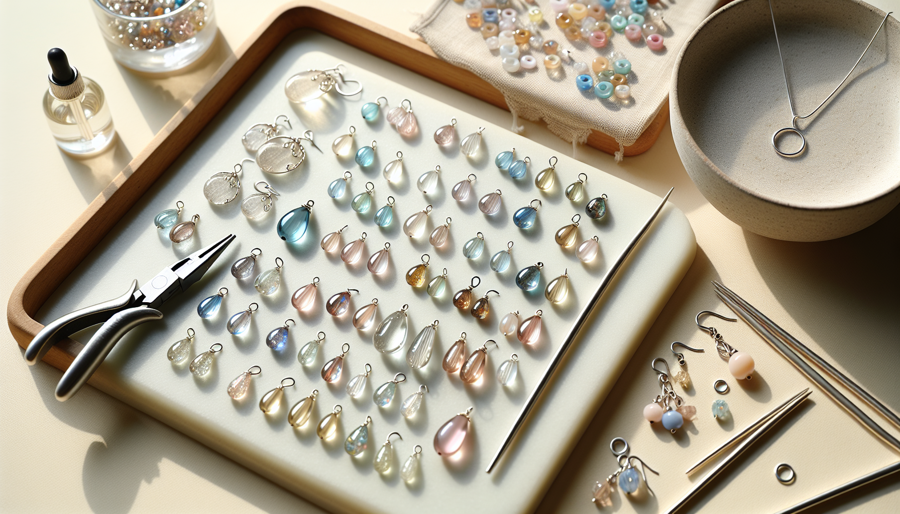 Nordisk flatlay med droppformade tjeckiska glaspärlor för smyckestillverkning, örhängen, hänget och verktyg för Hilmaspyssel smyckesblogg