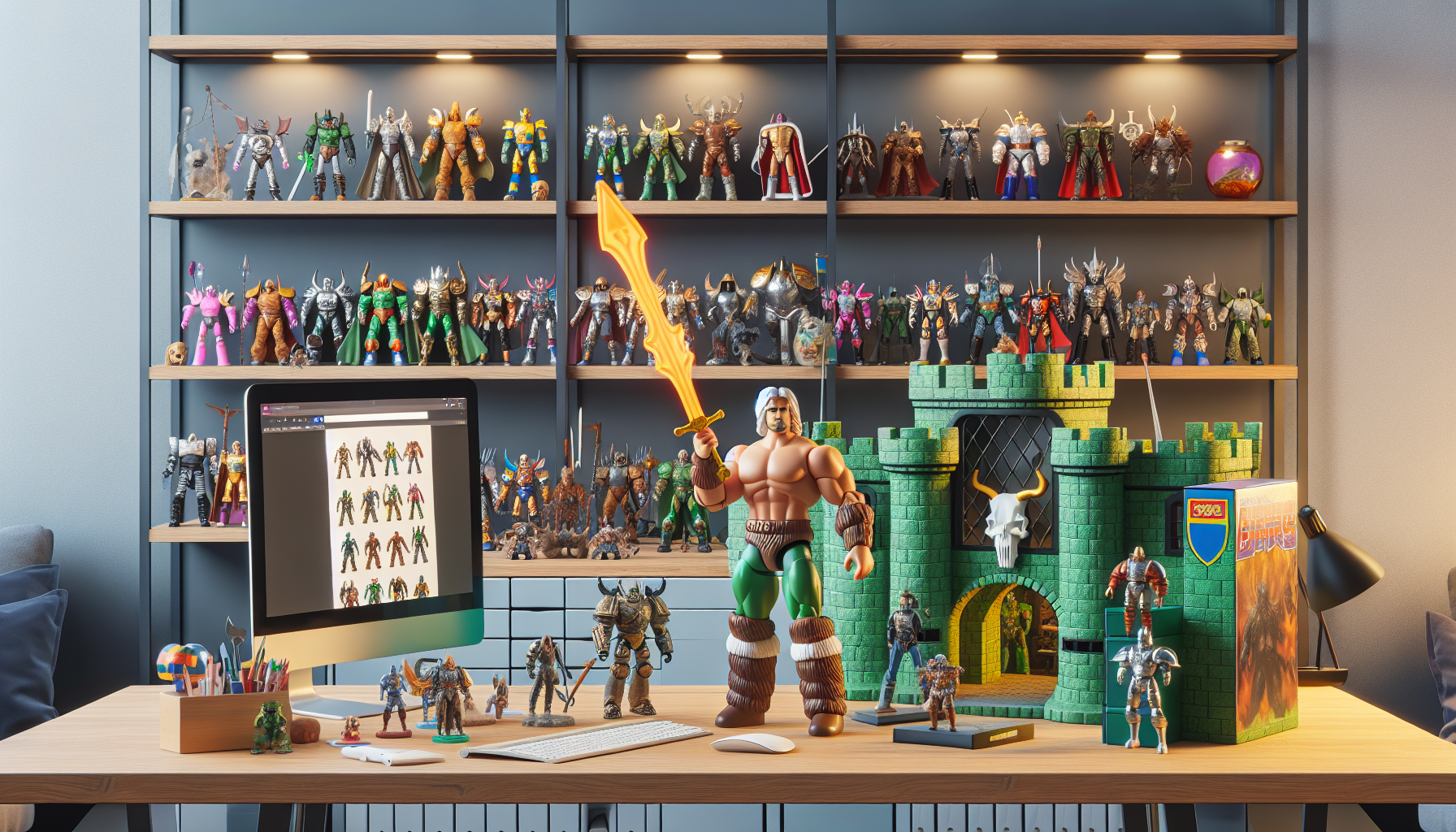 Broad illustration of a Swedish collector's table with 80s-inspired fantasy figures, a green castle-like fort, and a computer displaying a Swedish toy webshop