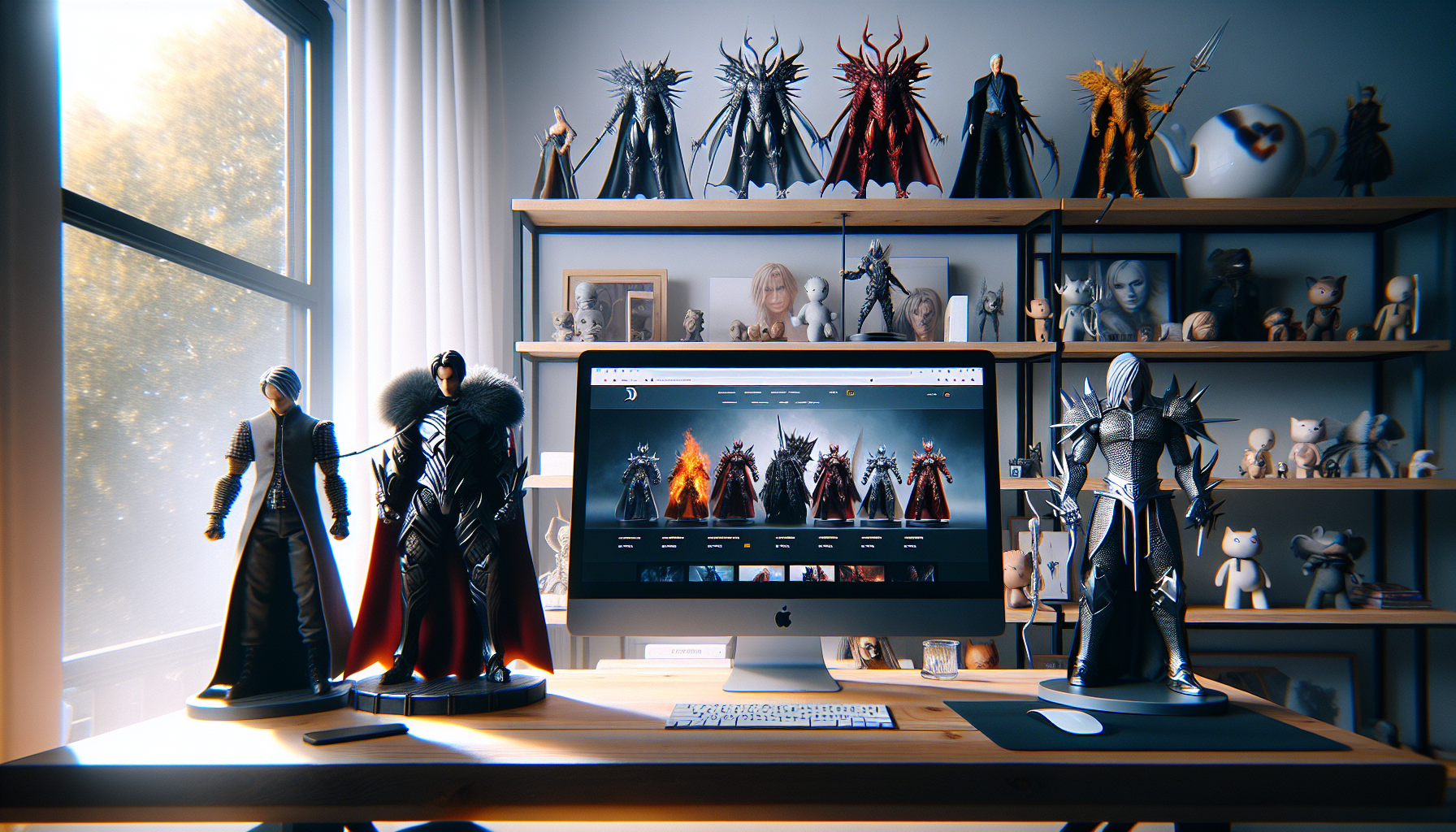 Cinematisk skrivbordsscen i svensk lägenhet med samlarfigurer, webshop på skärm, nordisk inredning och svensk flagga i dagsljus
