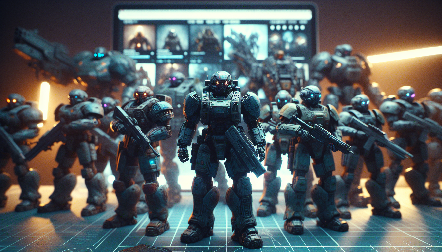 Futuristiska sci‑fi actionfigurer i power‑armor på hylla framför suddig svensk webbutik, mörk gotisk stil, e‑handelsproduktfoto