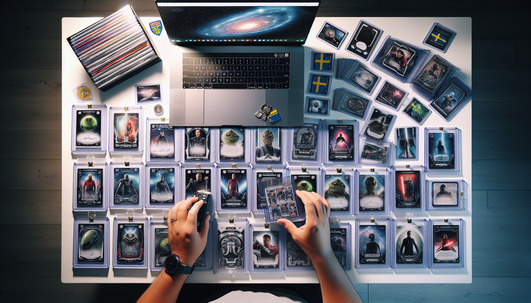 Svensk Star Wars‑samlare ordnar samlarkort på modern skrivbordsyta, med Nerdbutiken.se på laptop och samlarsaker i bakgrunden.