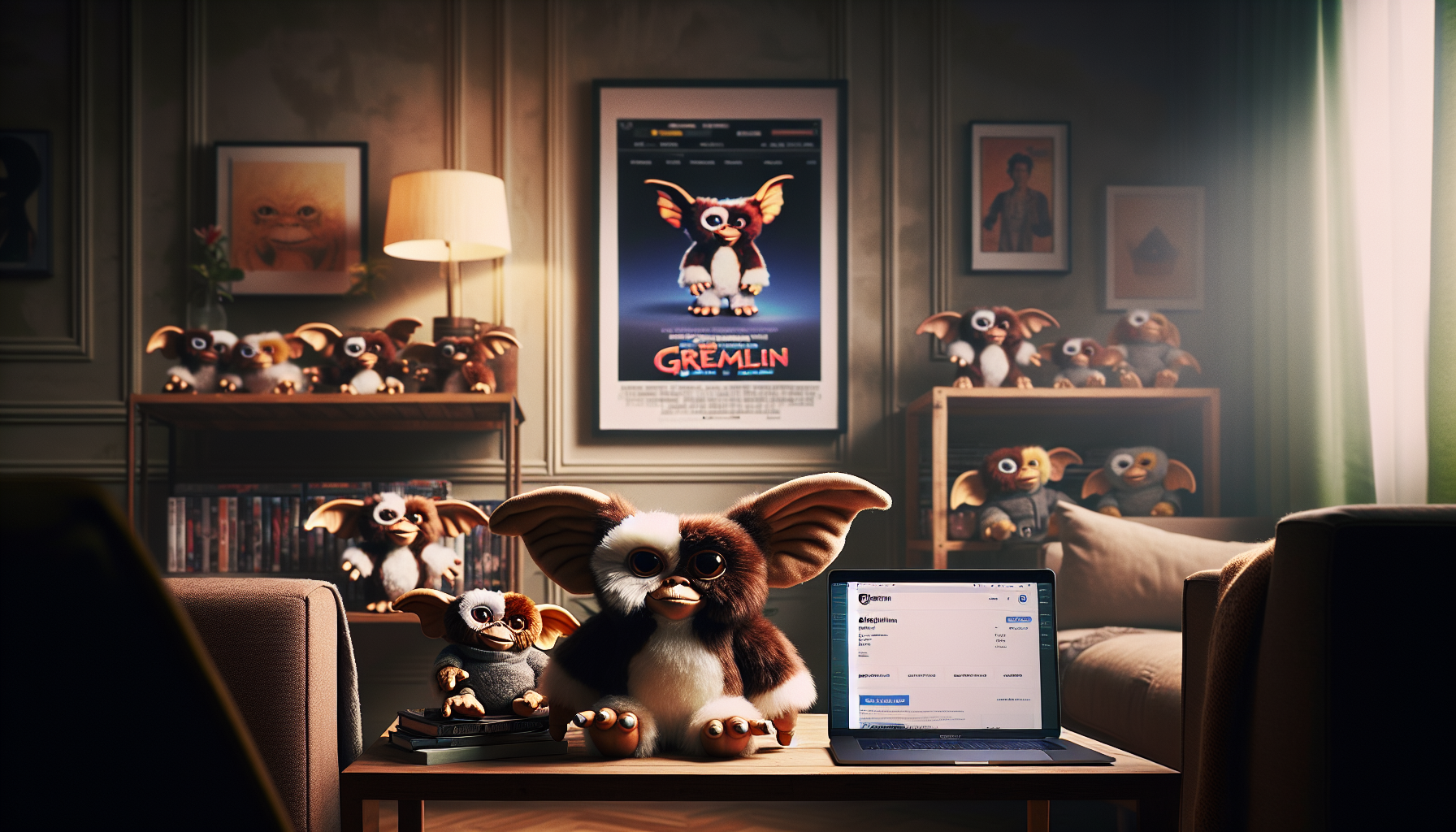 Hero-bild för svensk e‑handelsblogg: mysigt vardagsrum med samlarvänliga Gremlins-gosedjur och laptop med webbutik i bakgrunden