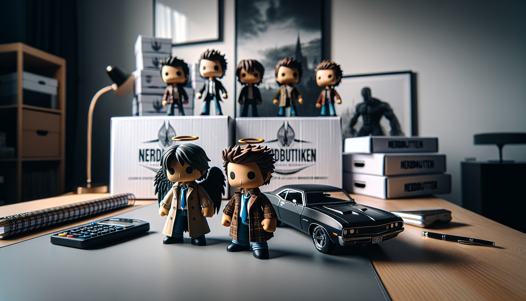 Bredbild på stilren samlarhörna med urban fantasy-vinylfigurer, svensktextade samlarboxar och nördiga prylar i varm, filmisk belysning