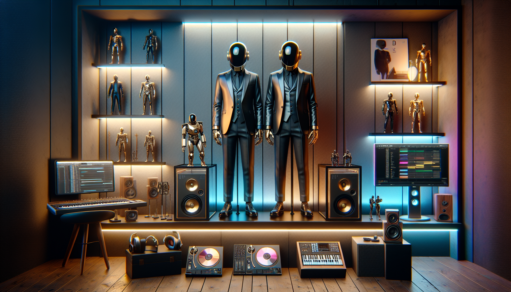 Cinematisk Daft Punk samlarhörna med premiumfigurer, hjälmar och vinyl i mörk skandinavisk studio, perfekt banner för elektronisk musikblogg.