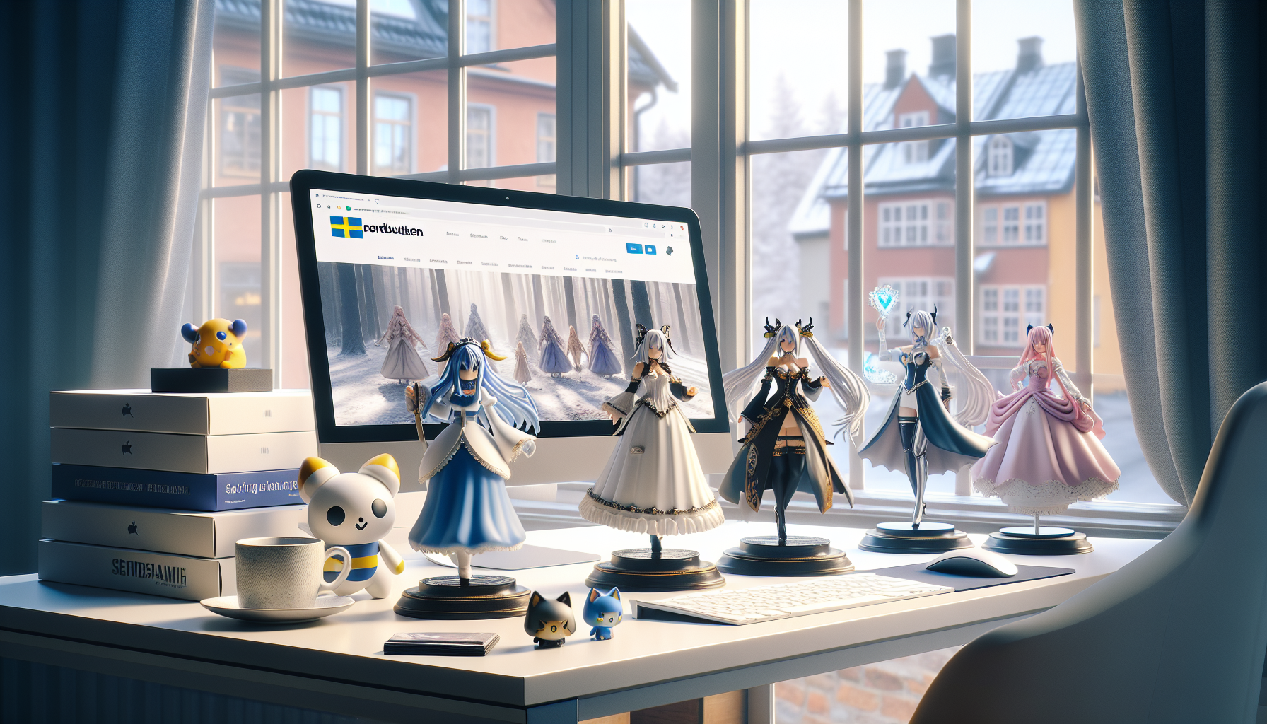 Animefigur-samling i svensk lägenhet, inspirerad av Re:Zero, på skrivbord med Nerdbutiken.se på skärm, kaffe och fraktkartonger i bakgrunden