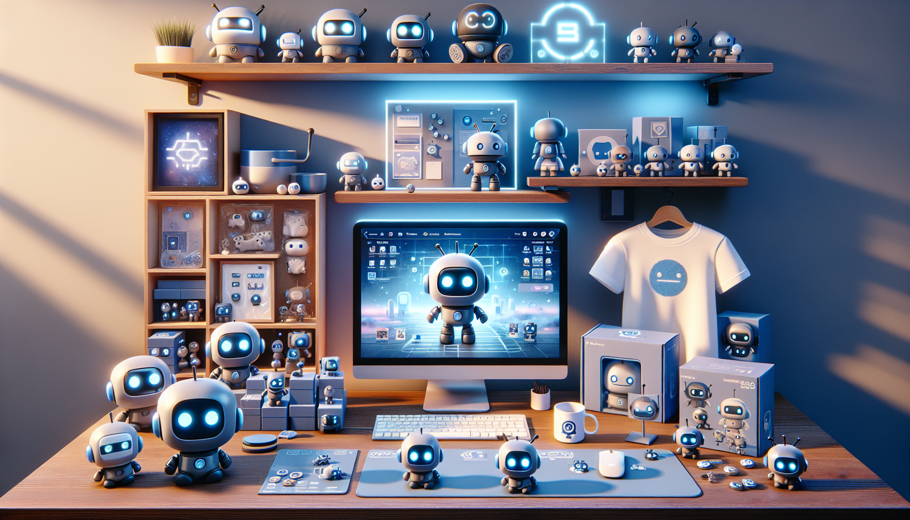 Snygg gaminghörna med blåvita robotprylar inspirerade av Astro Bot, svensk nördbutik online på skärm, merch som figurer, tröja, poster och muggar