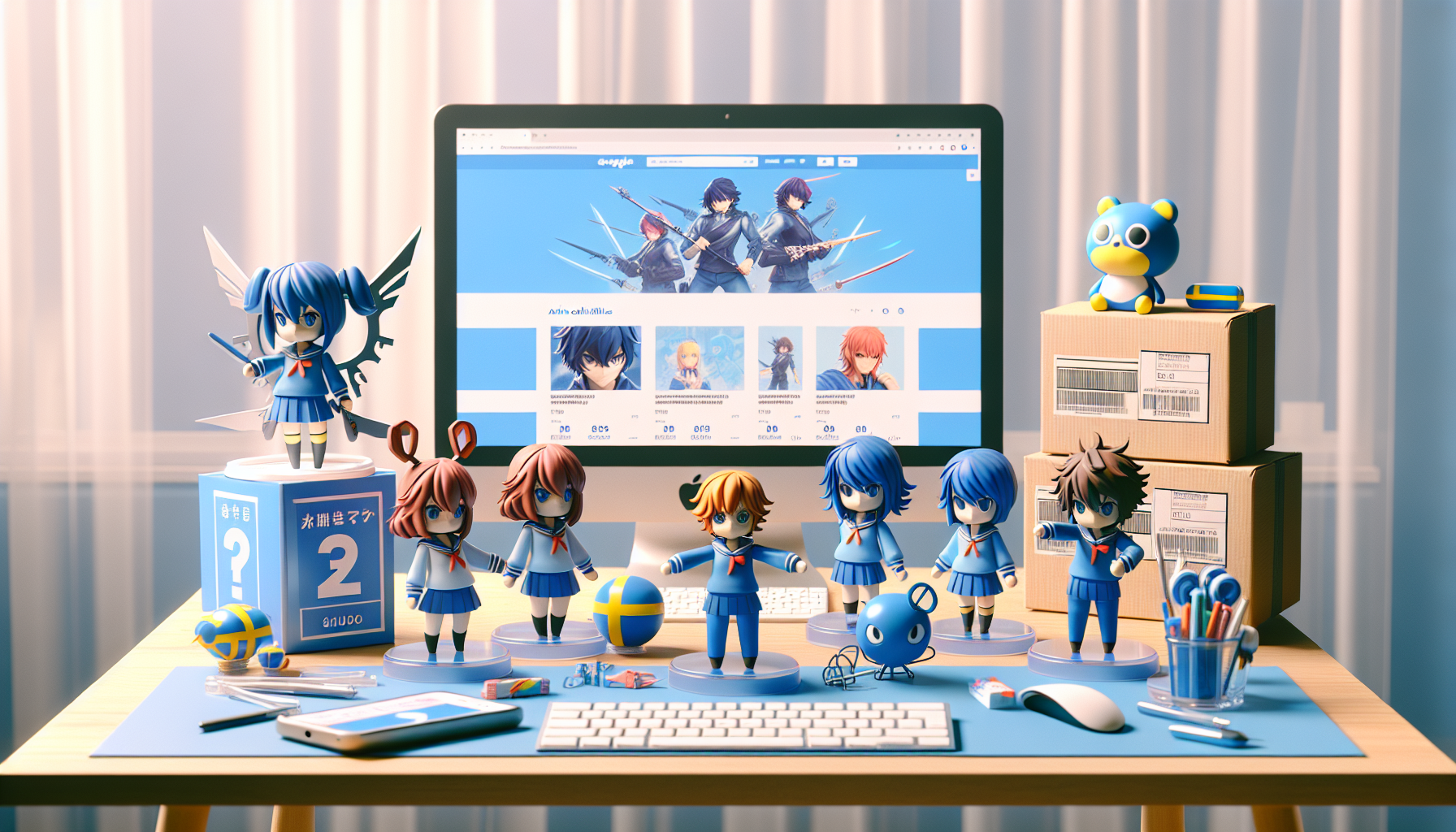Chibi animefigurer i skoluniform på skrivbord med svensk webbutik i bakgrunden, fraktlådor, SEK‑priser och liten svensk flagga.