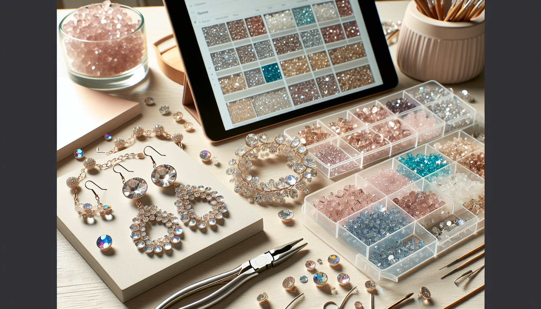 Närbild på diy-smycken med Primero Crystals från Hilmaspyssel på ljus träyta, verktyg och pärlor ordnade i skandinavisk minimalistisk stil