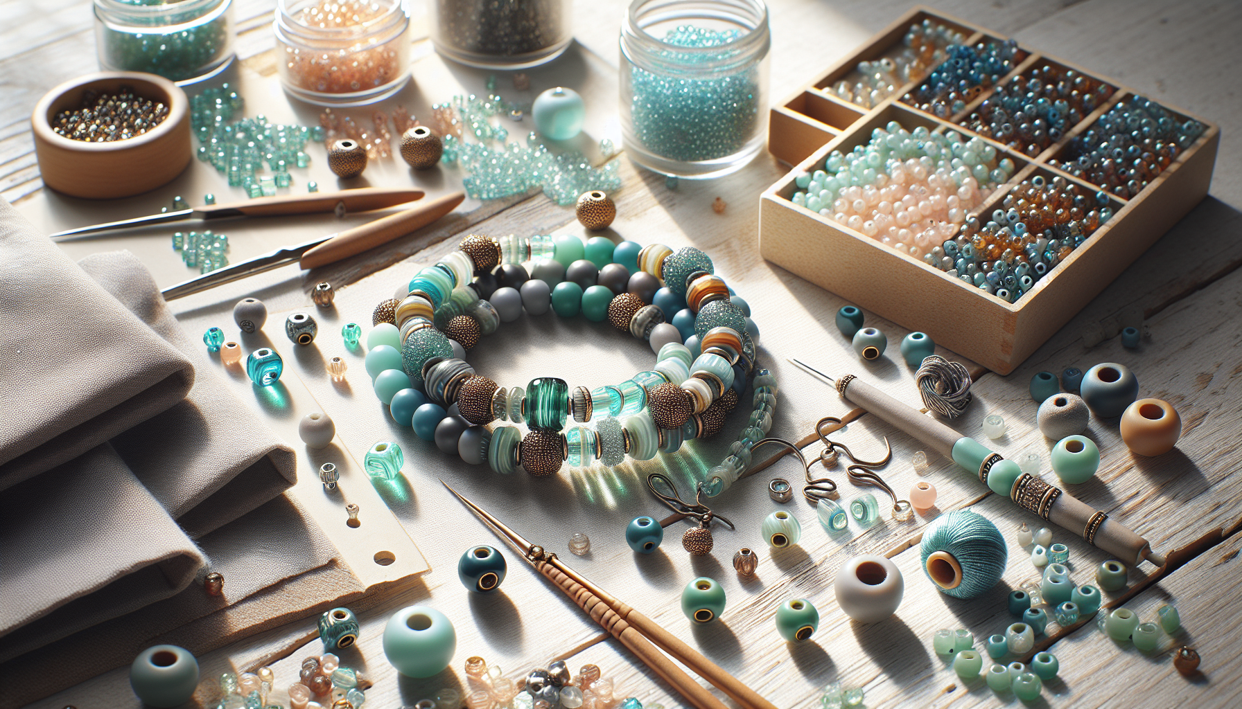 Närbild av skandinaviskt smyckesbord med tjeckiska tvåhåls Bridge-pärlor, armband, örhängen, verktyg och pärlmattor i ljust, minimalistiskt ljus.