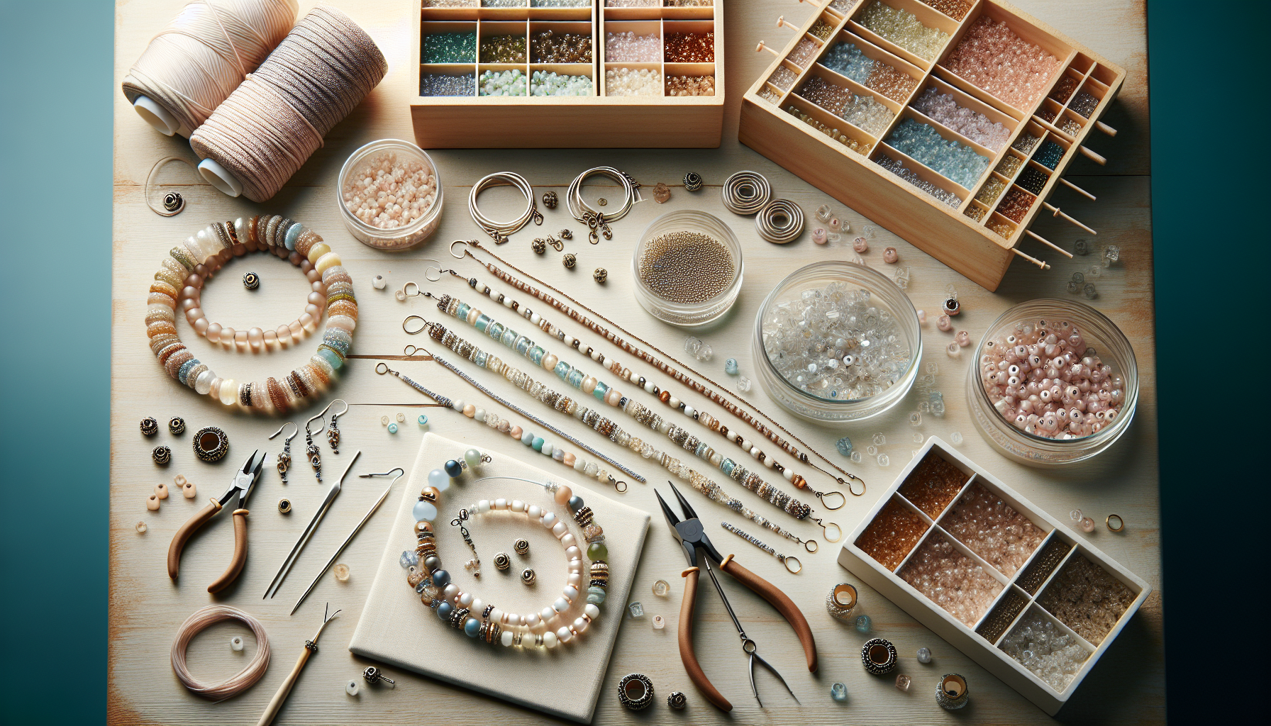 Ljus flatlay med tjeckiska glaspärlor Fixer Bead, sorteringsaskar och halvfärdiga armband, halsband och örhängen på skandinaviskt pysselbord