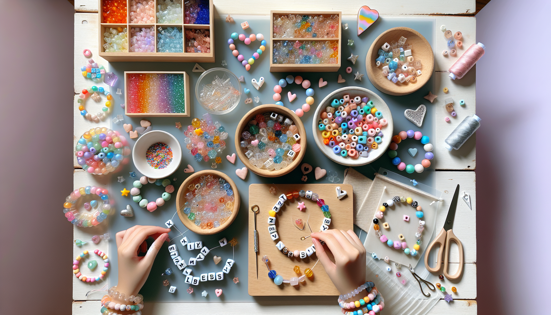 Barn och vuxen pysslar med färgglada resin- och akrylpärlor, bokstavspärlor och armband på ljust nordiskt hantverksbord.