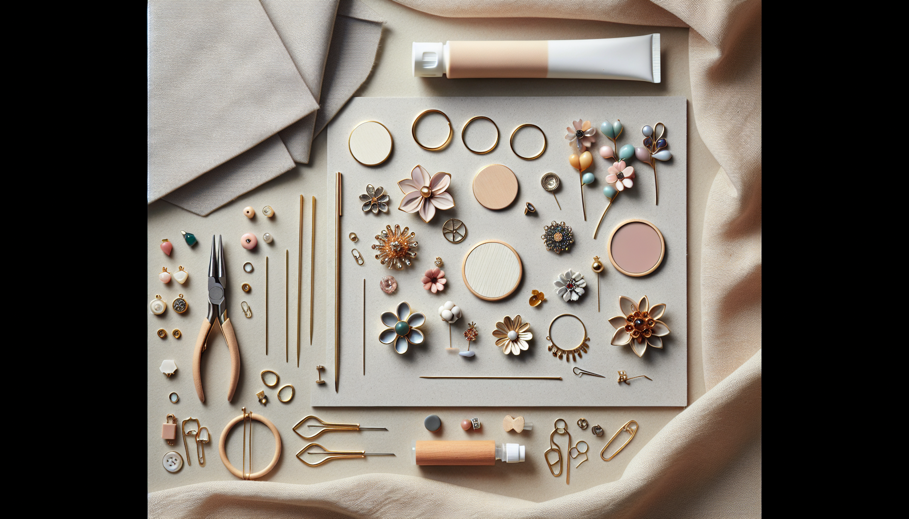 Plattlay-bild med DIY broscher, smyckesdelar och verktyg på ljus bakgrund, stylade på kavajslag, scarf och tygkasse i skandinavisk design.