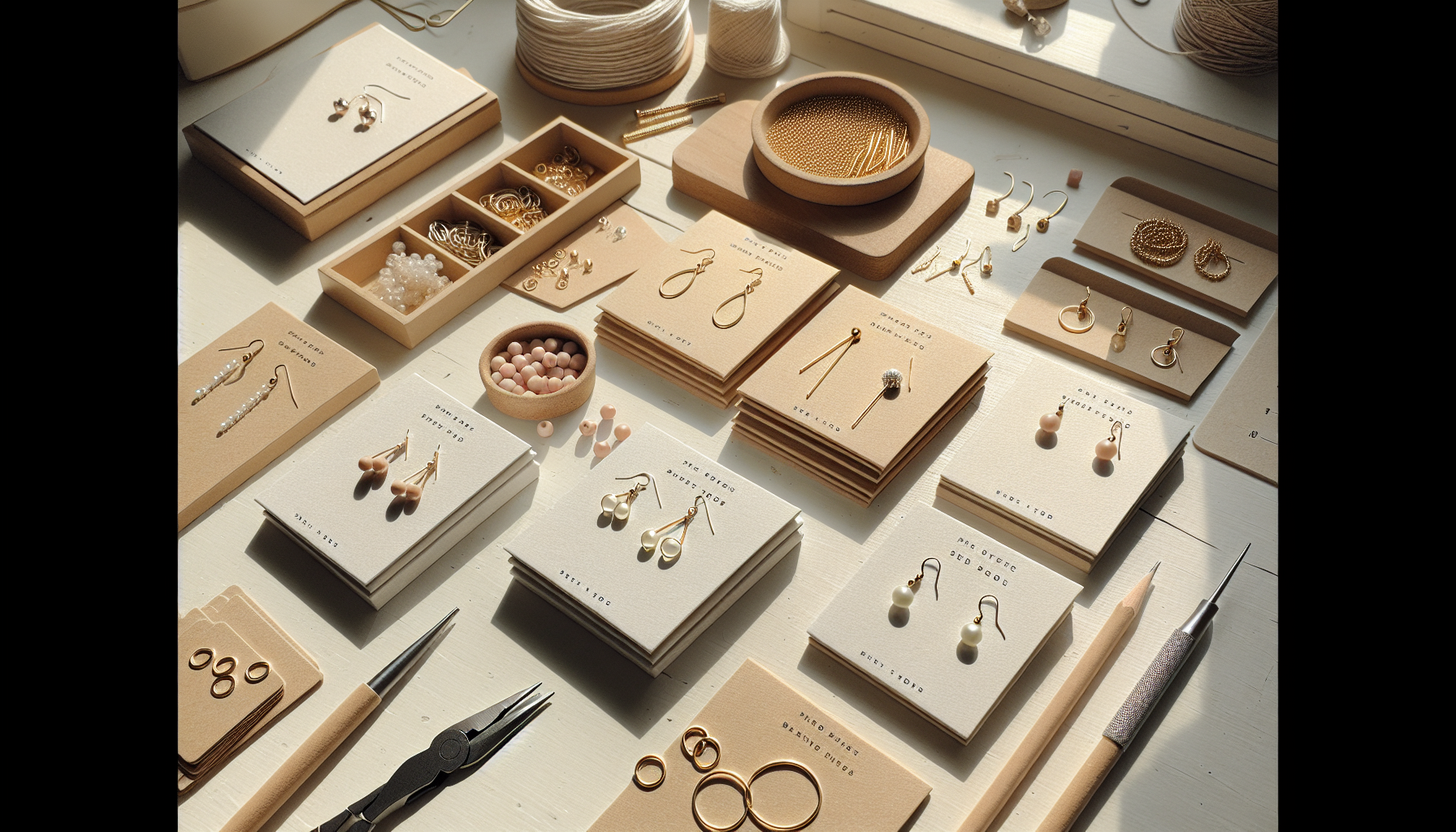 Flatlay med handgjorda minimalistiska örhängen på eleganta örhängeskort i neutral studio­miljö, DIY smyckestillverkning i skandinavisk stil