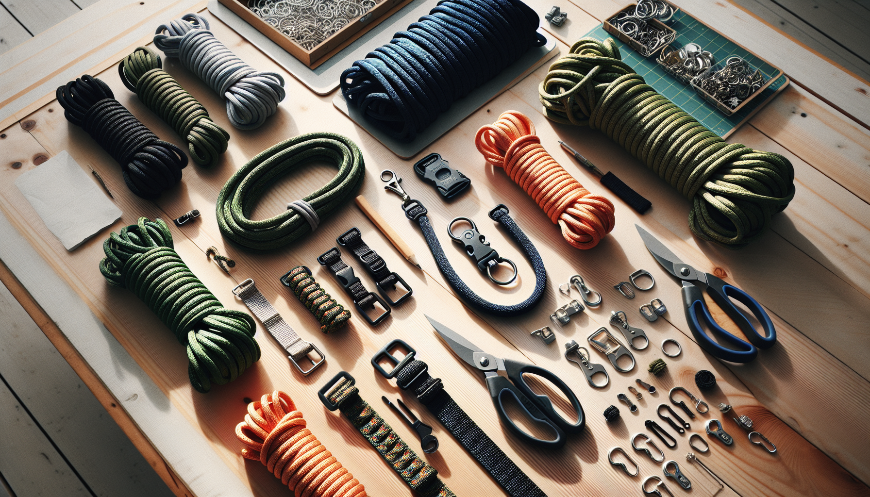 Minimalist DIY‑arbetsyta med färgglada paracordsnören, hundkoppel, armband, nyckelring, spännen och verktyg för guide om paracordprojekt.