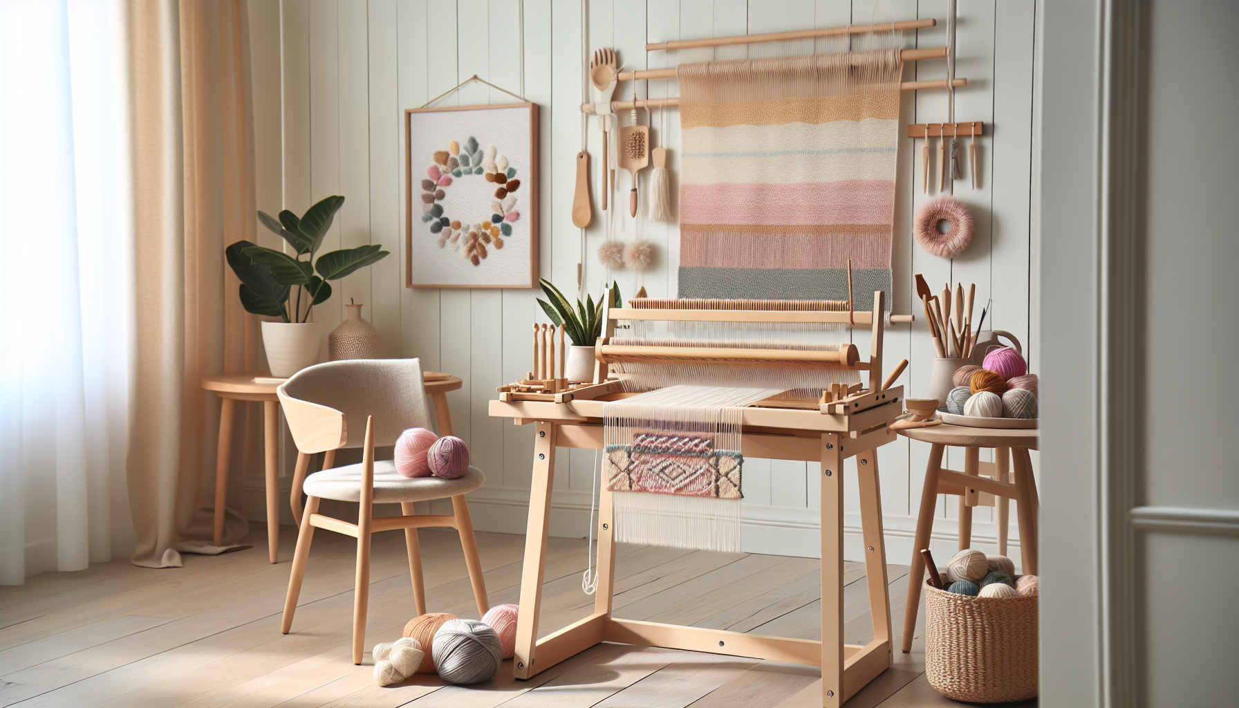 Skandinavisk vävscen på köksbord med liten vävstol, pastellgarn och verktyg i ljus, minimalistisk inredning för nybörjare i vävning